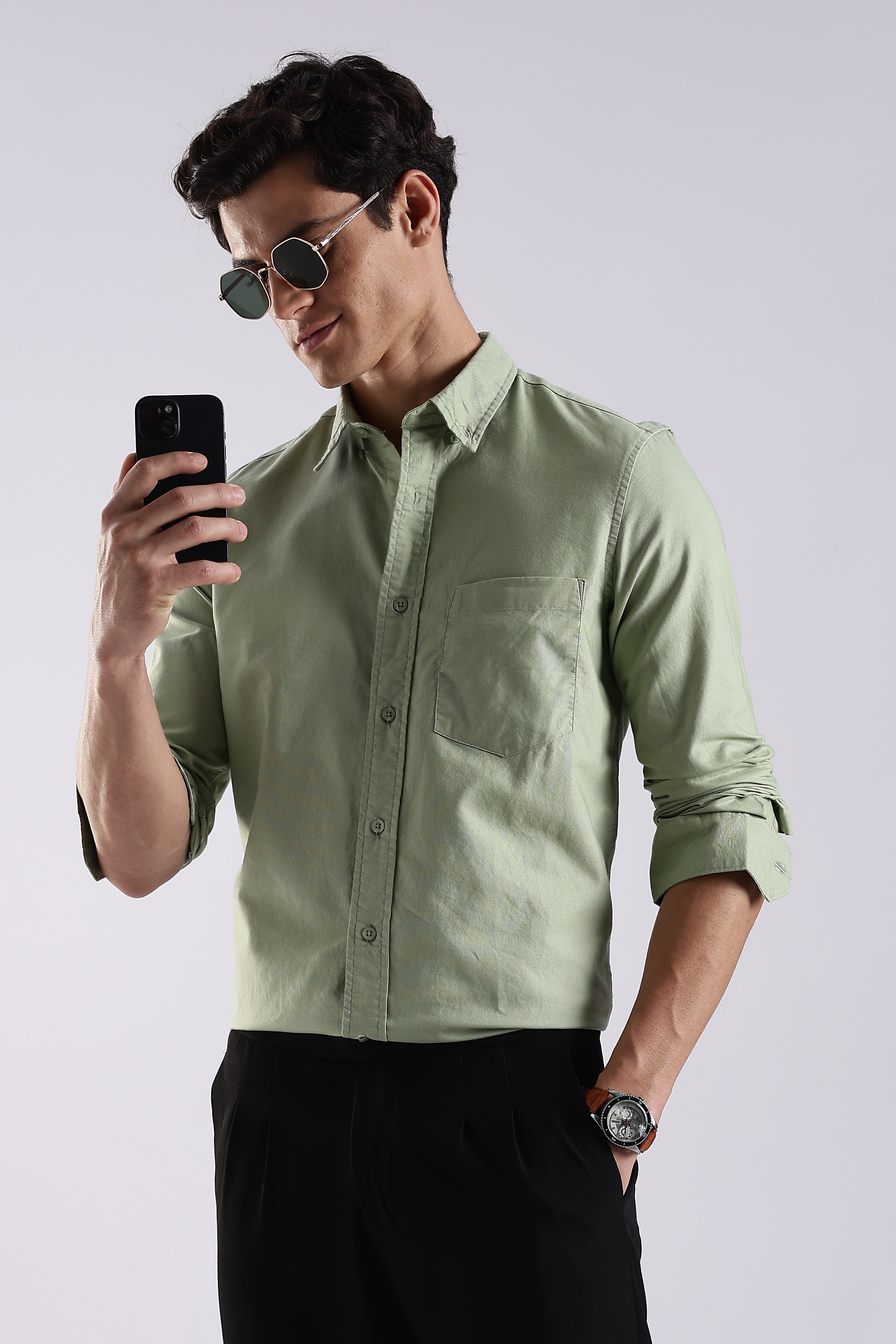 Men Green Oxford Solid Shirt