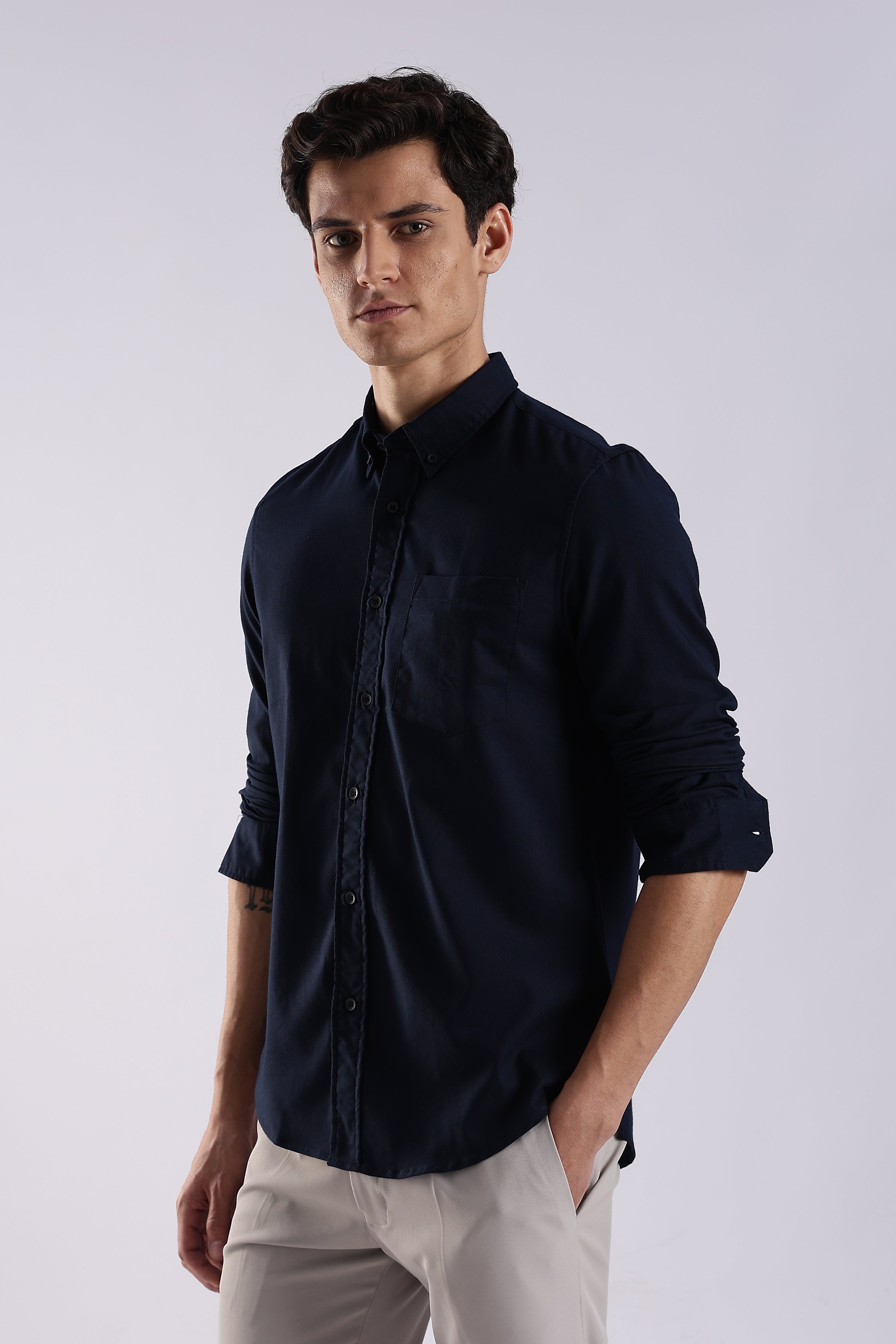 Men Navy Blue Oxford Solid Shirt