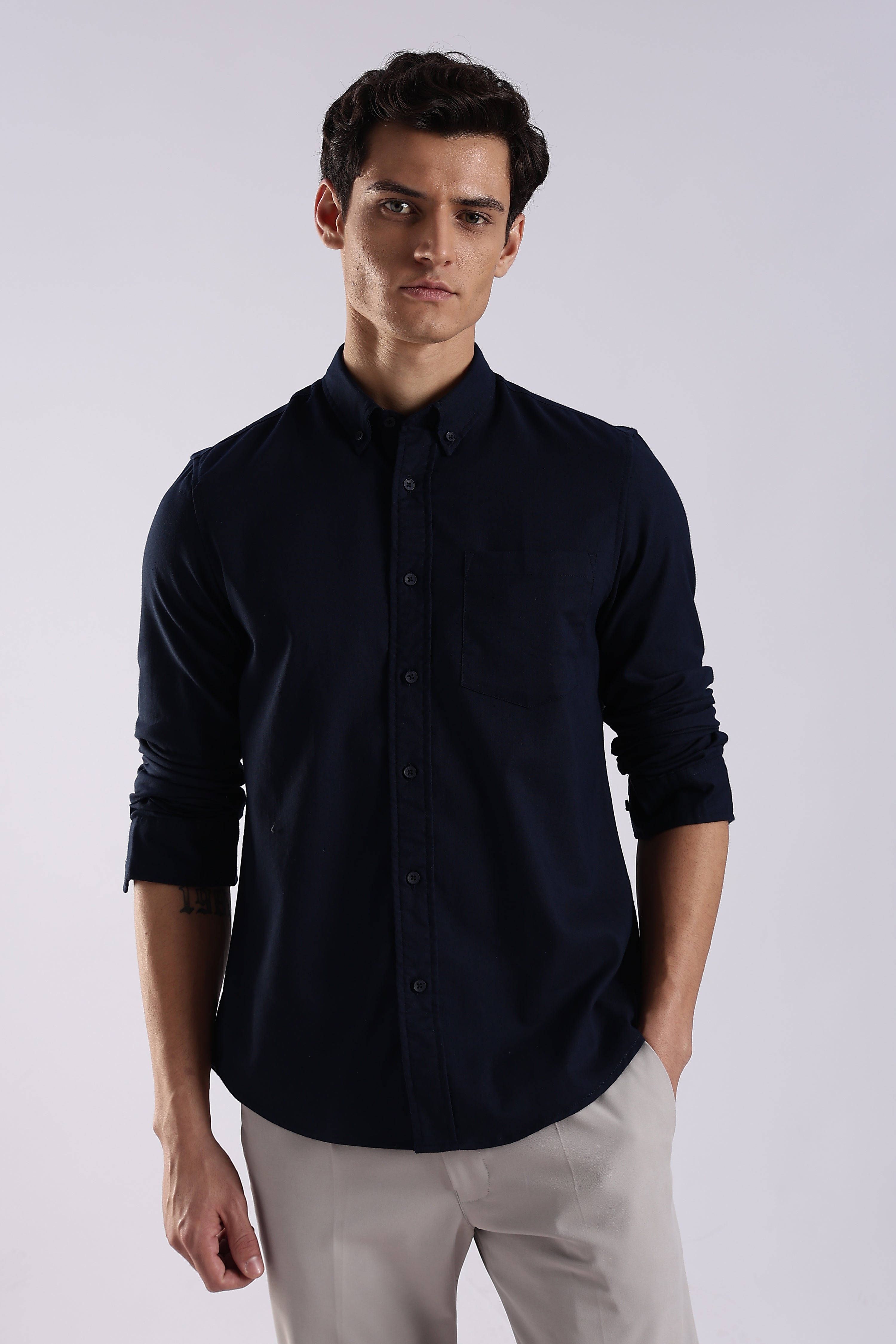 Men Navy Blue Oxford Solid Shirt
