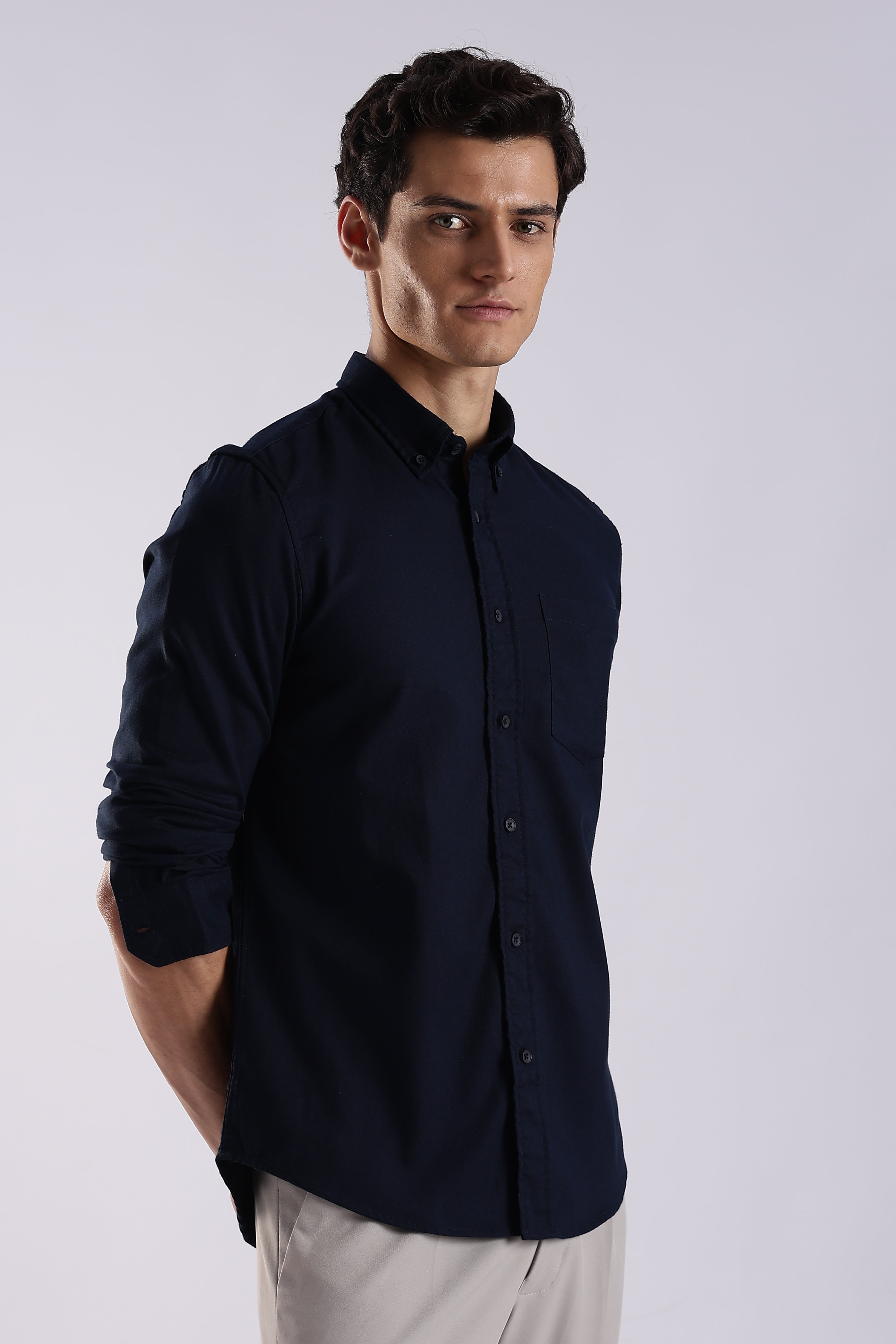 Men Navy Blue Oxford Solid Shirt