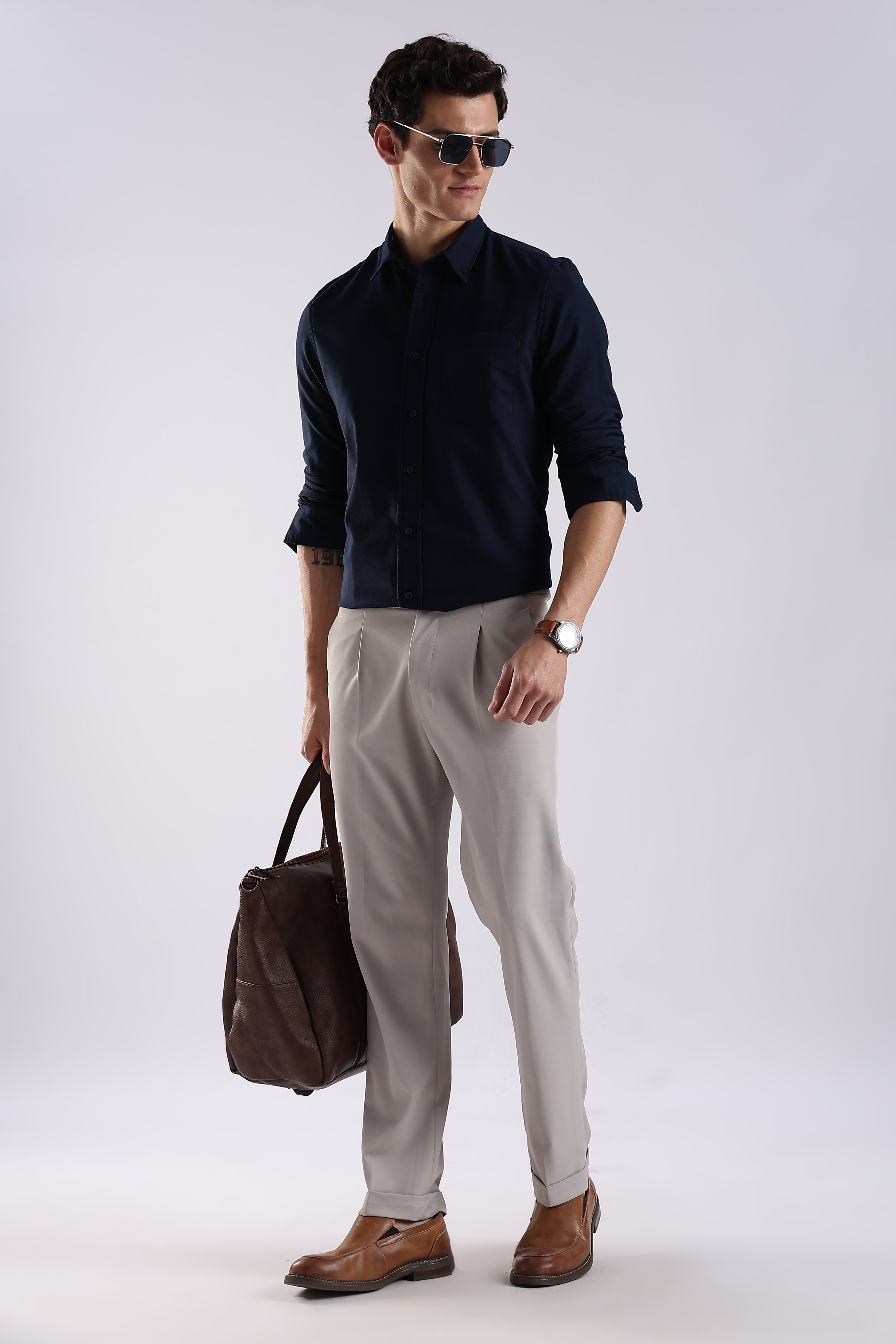 Men Navy Blue Oxford Solid Shirt
