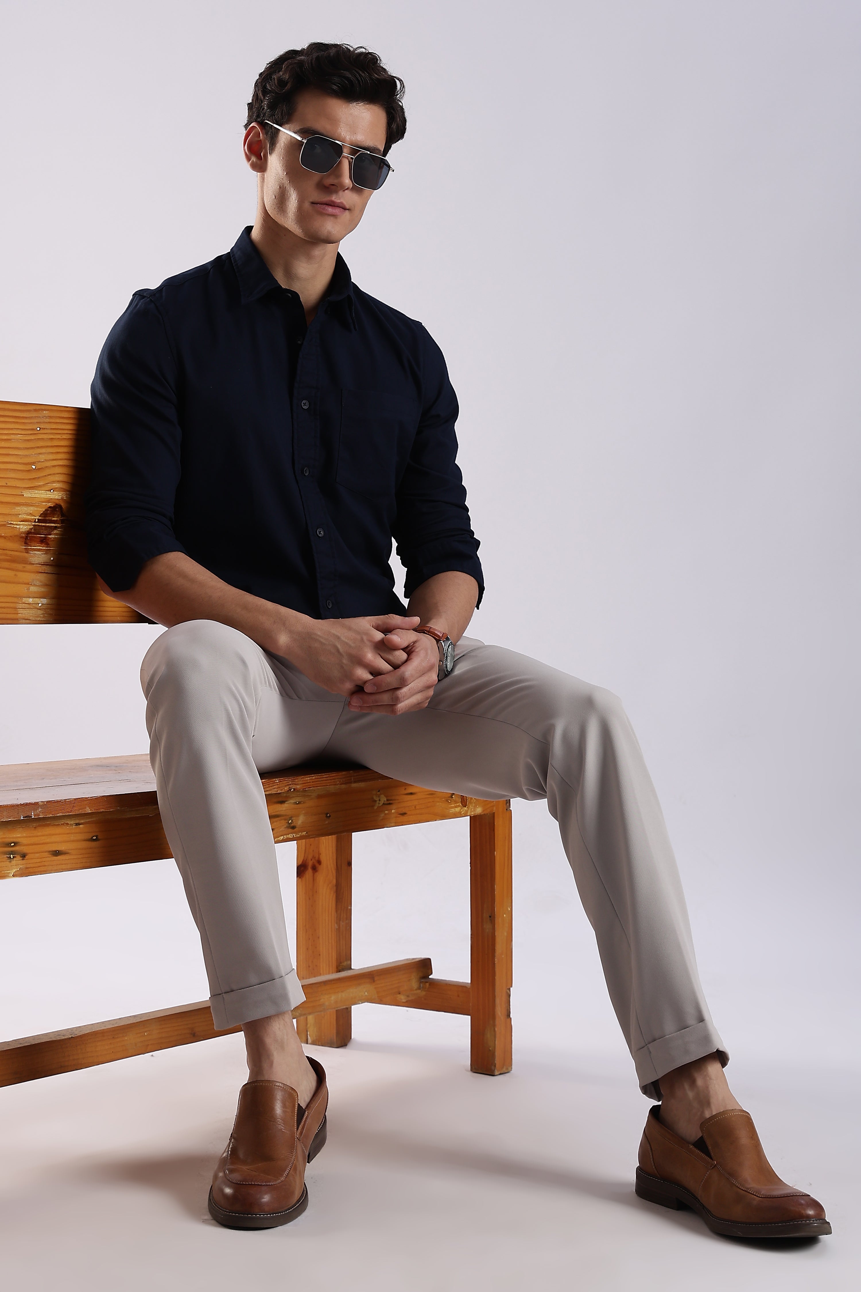 Men Navy Blue Oxford Solid Shirt
