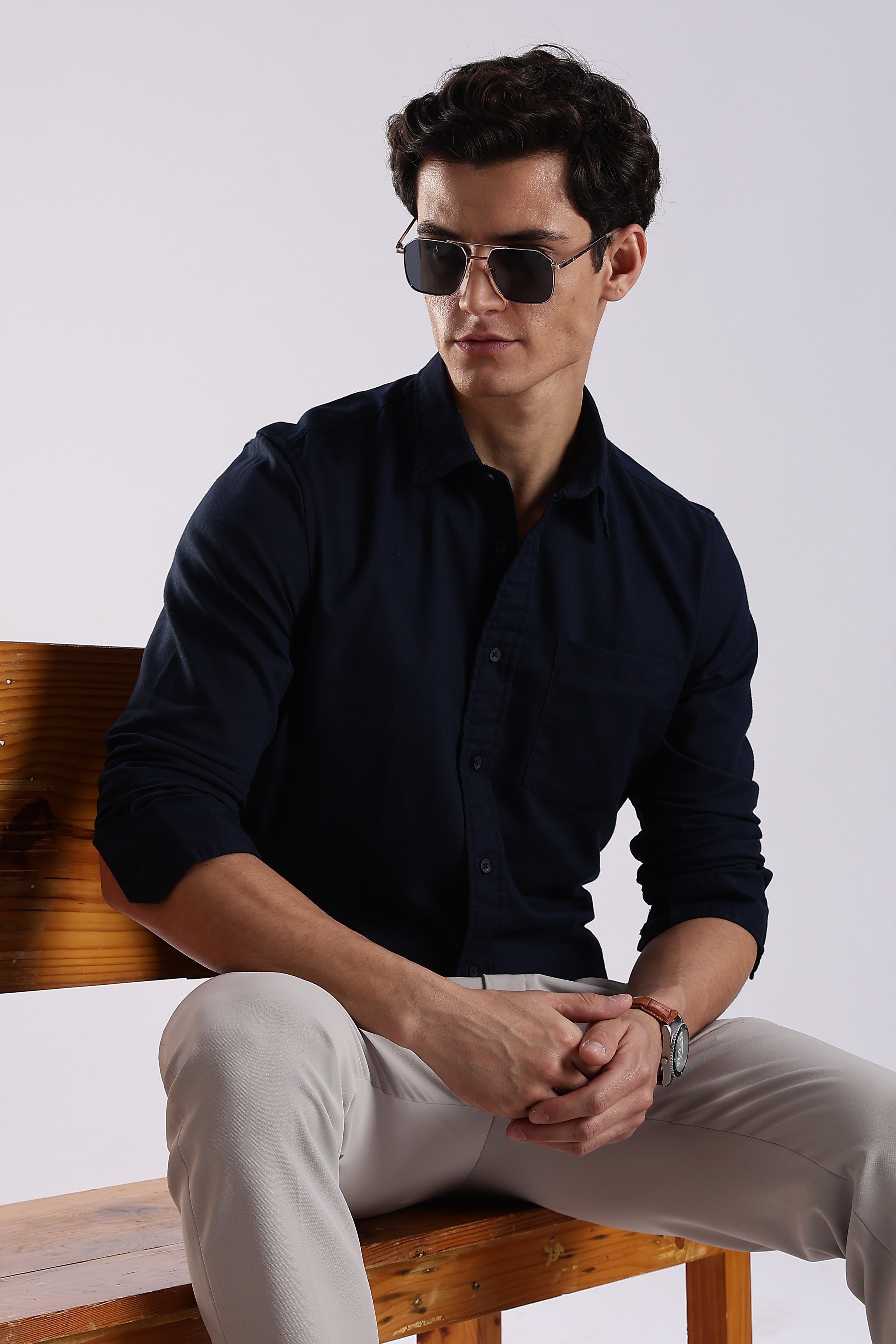 Men Navy Blue Oxford Solid Shirt