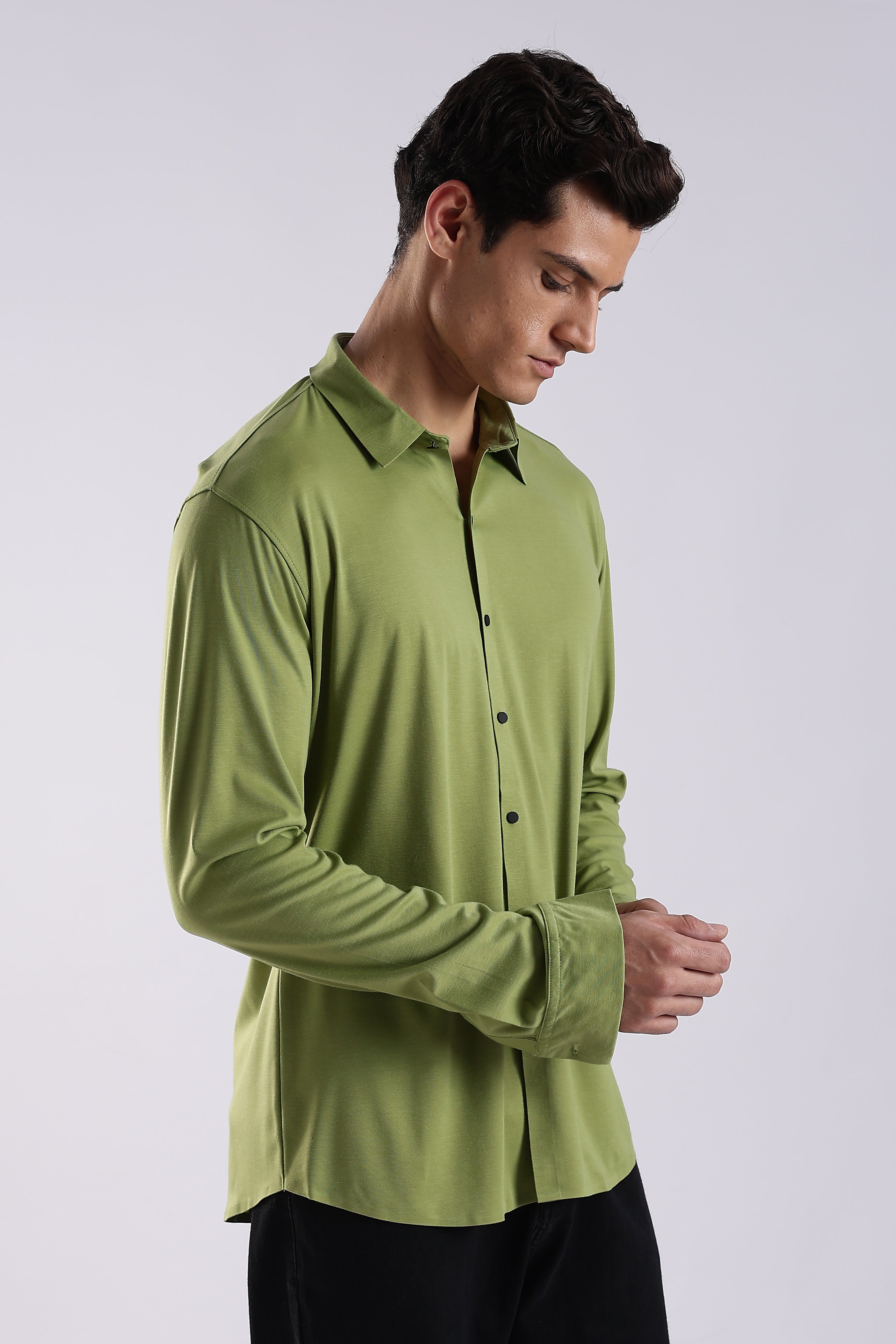 Men Green Knitted Slim Fit Shirt