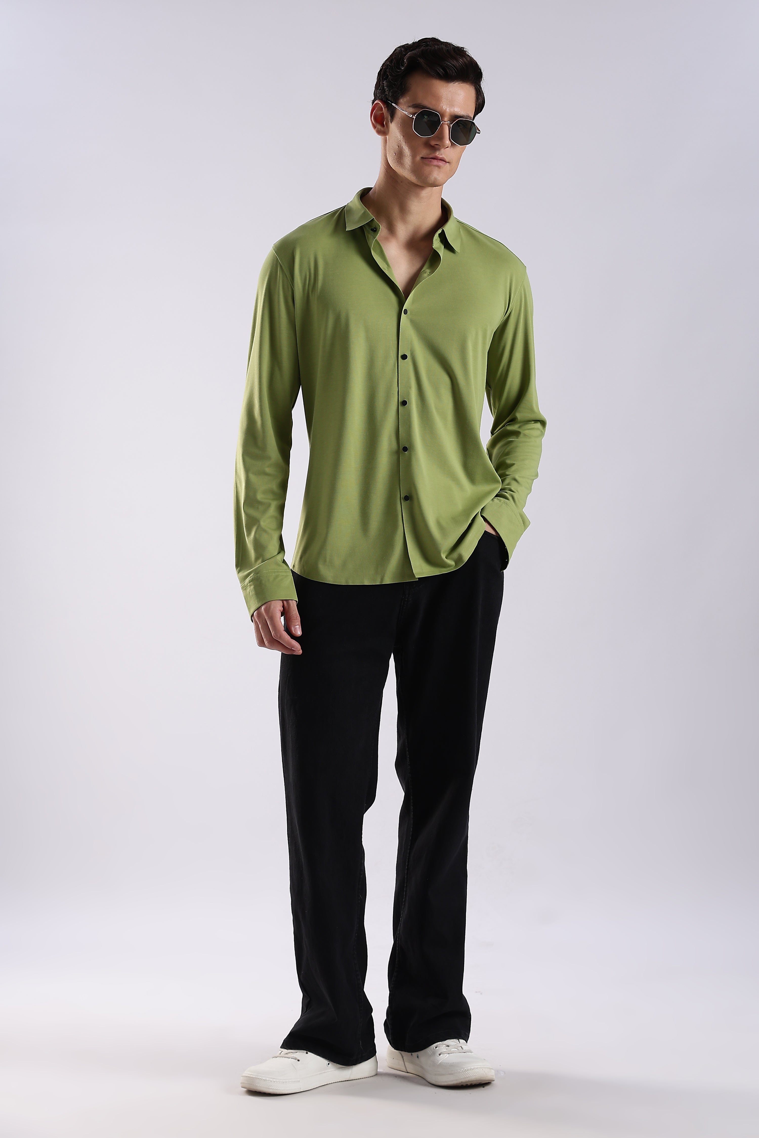 Men Green Knitted Slim Fit Shirt