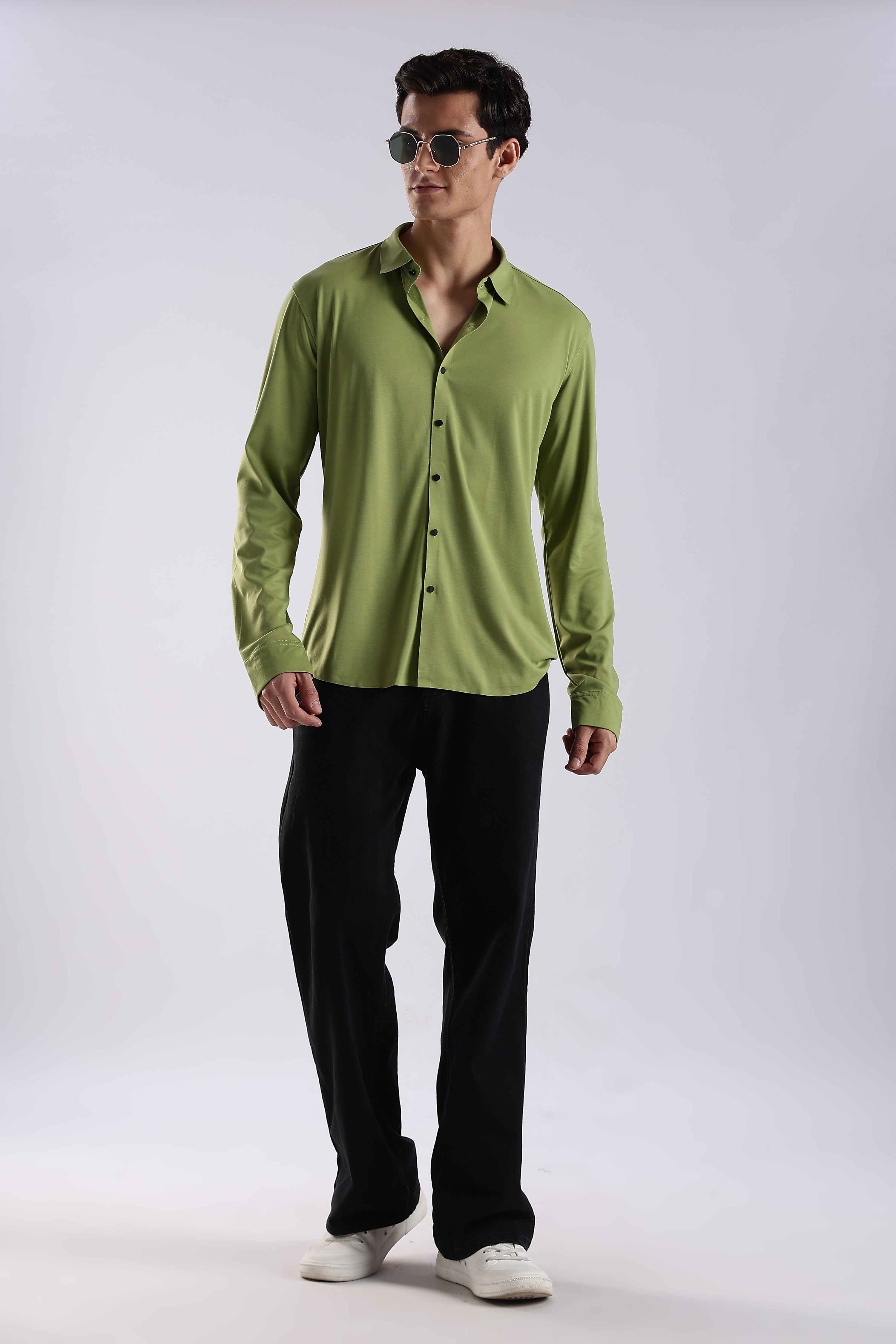 Men Green Knitted Slim Fit Shirt