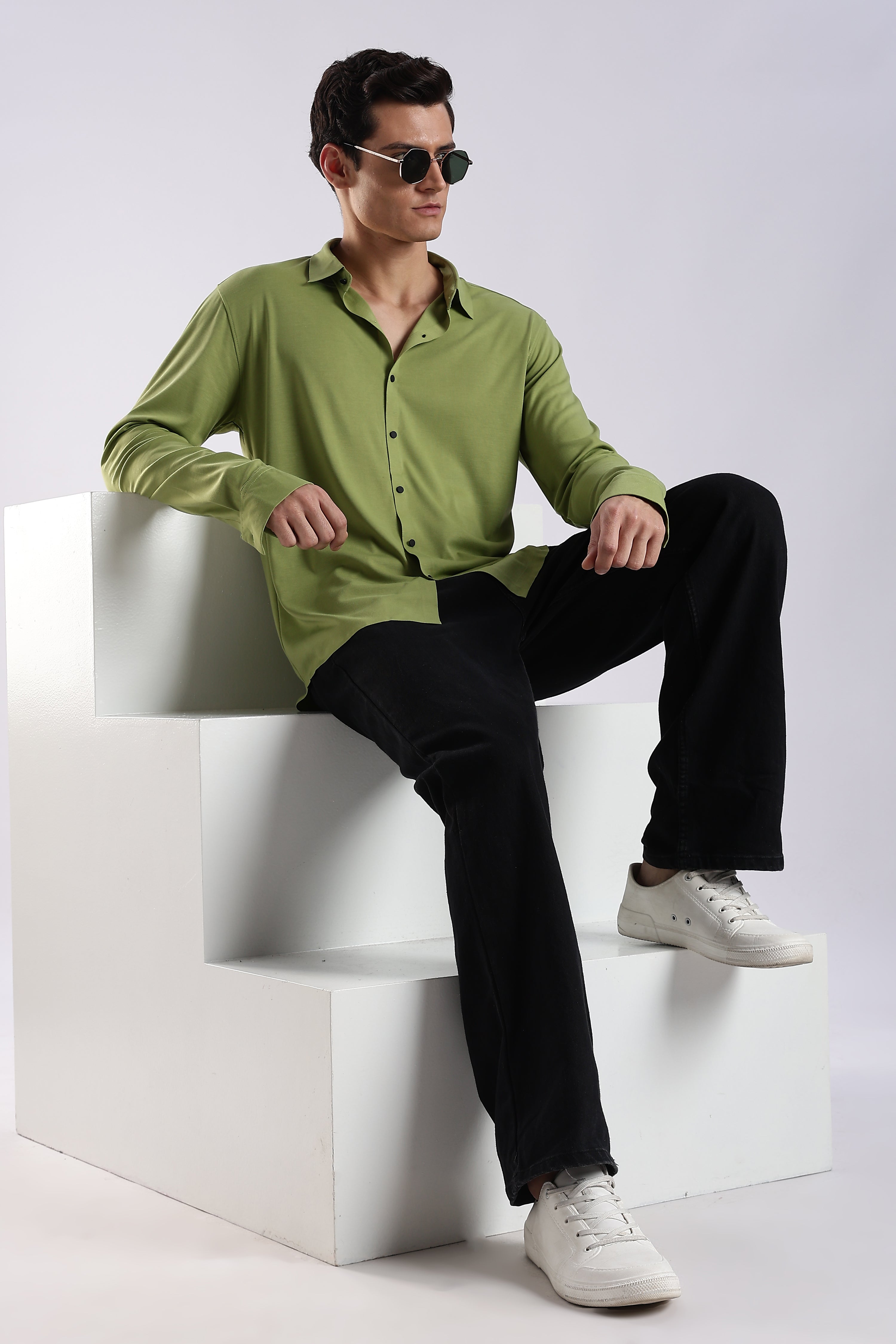 Men Green Knitted Slim Fit Shirt