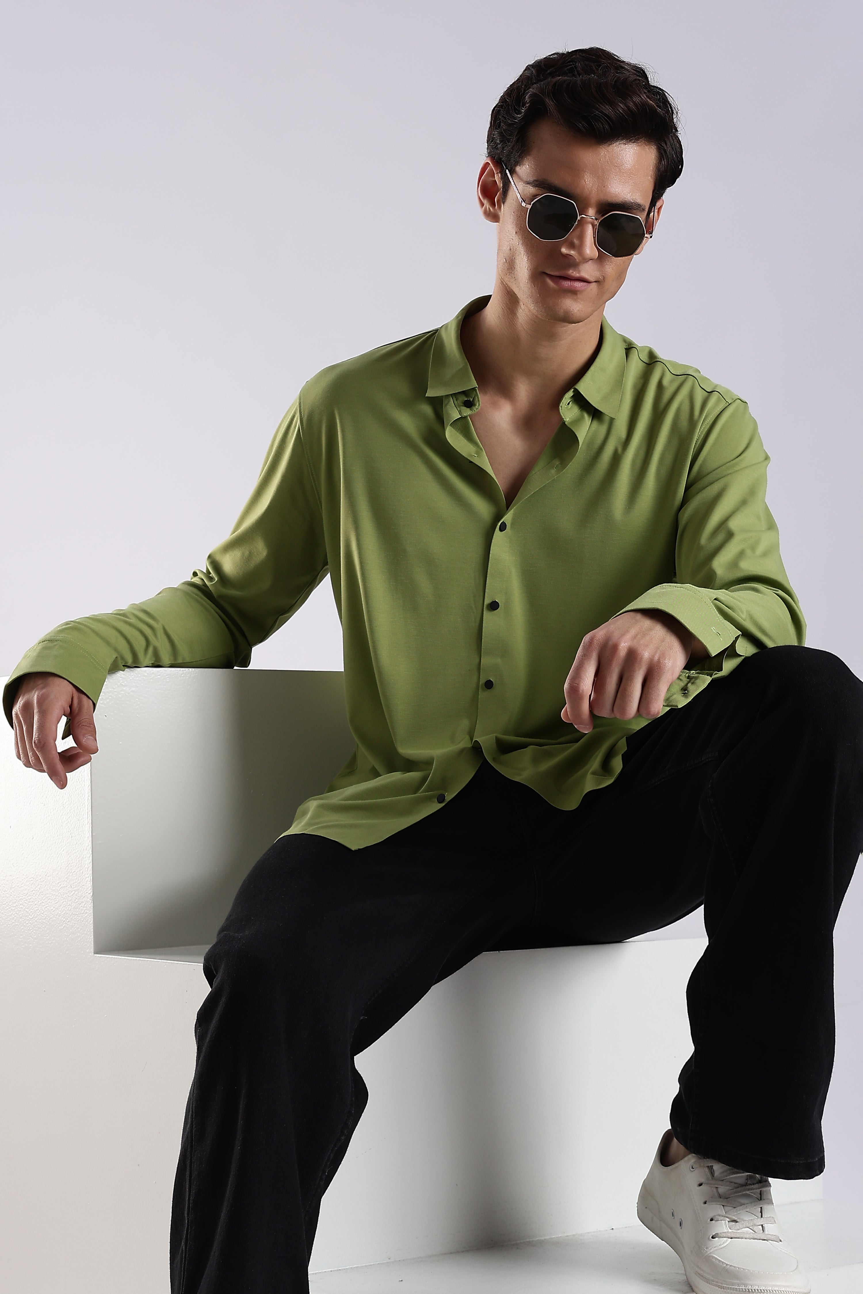 Men Green Knitted Slim Fit Shirt