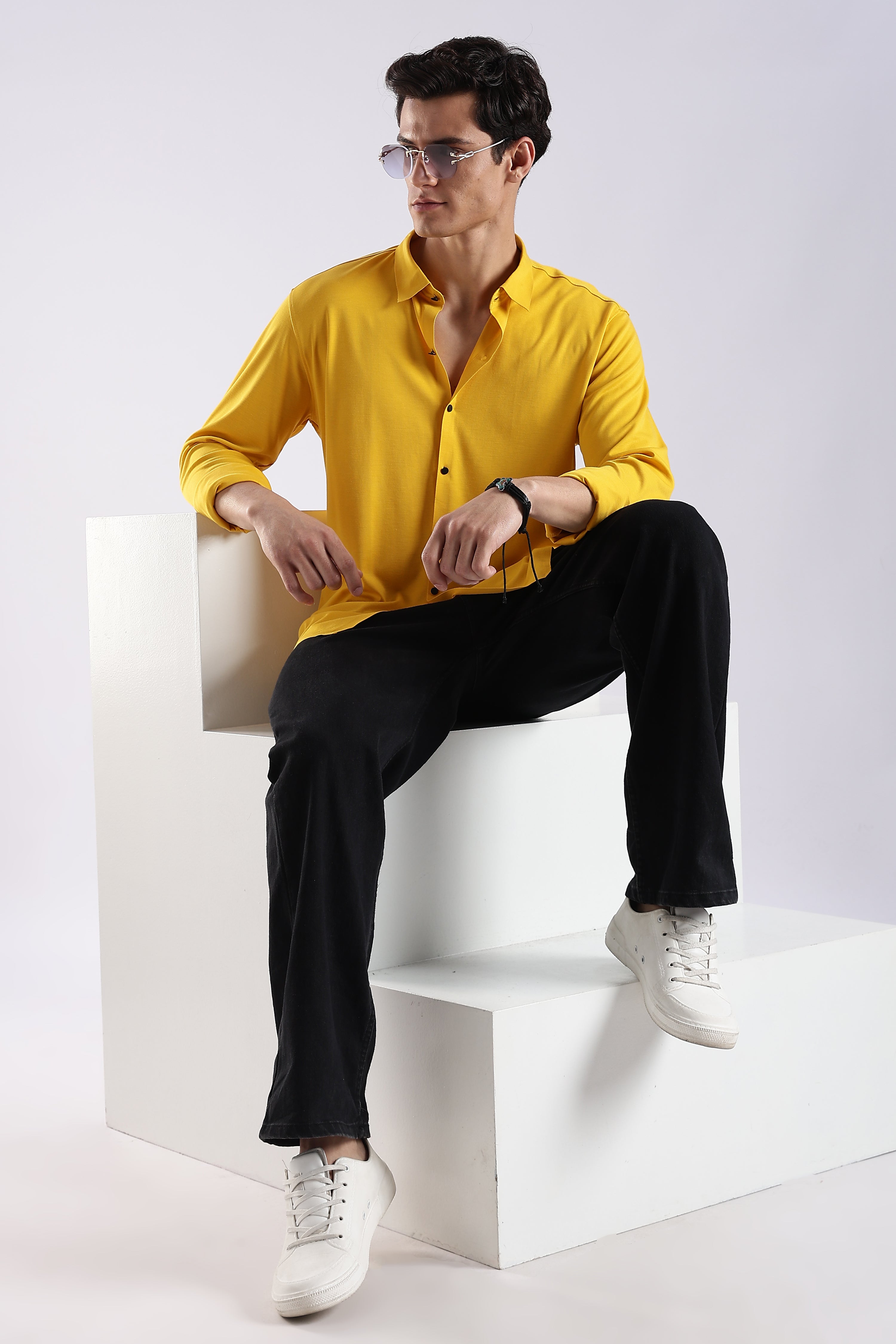 Men Yellow Knitted Slim Fit Shirt