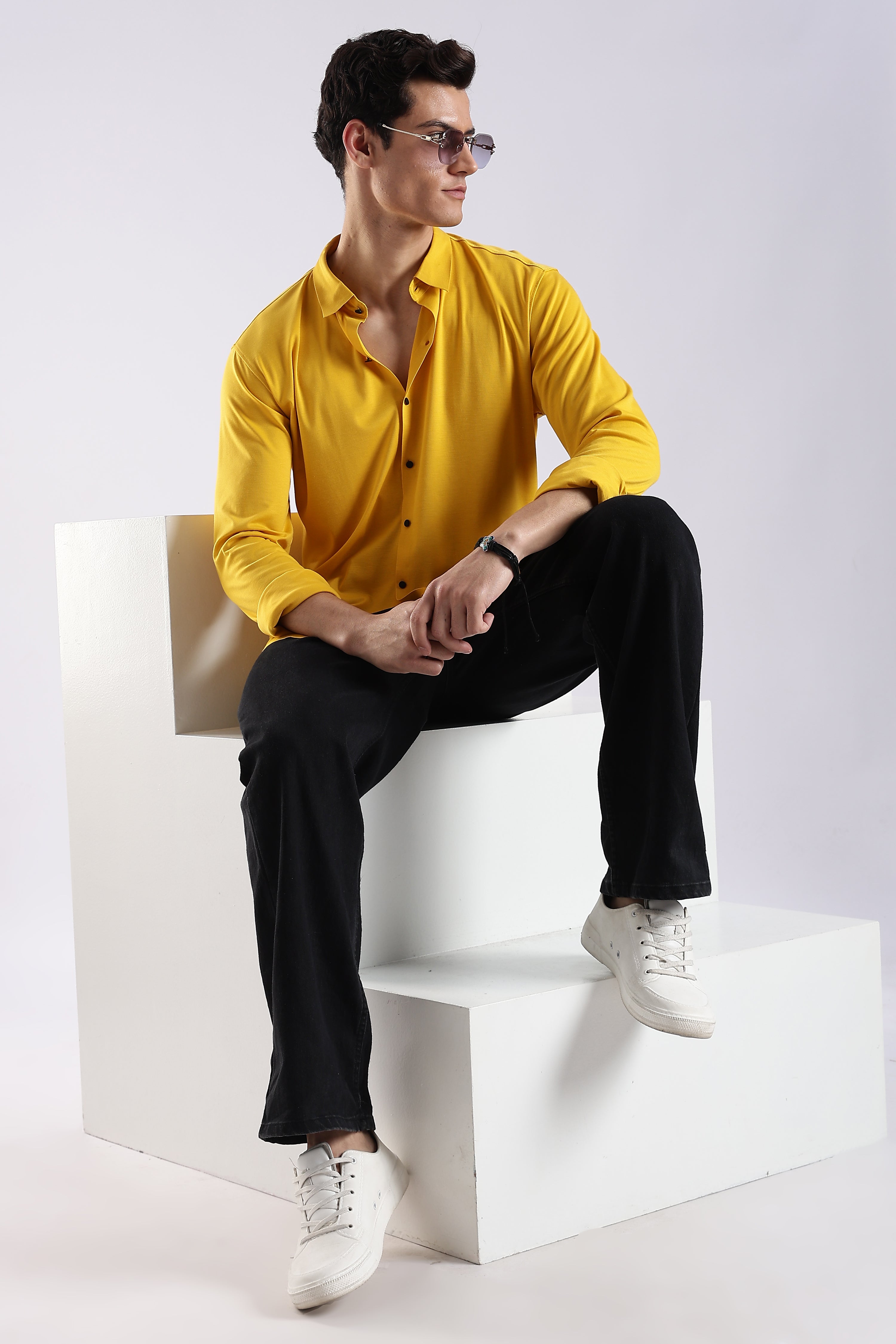 Men Yellow Knitted Slim Fit Shirt