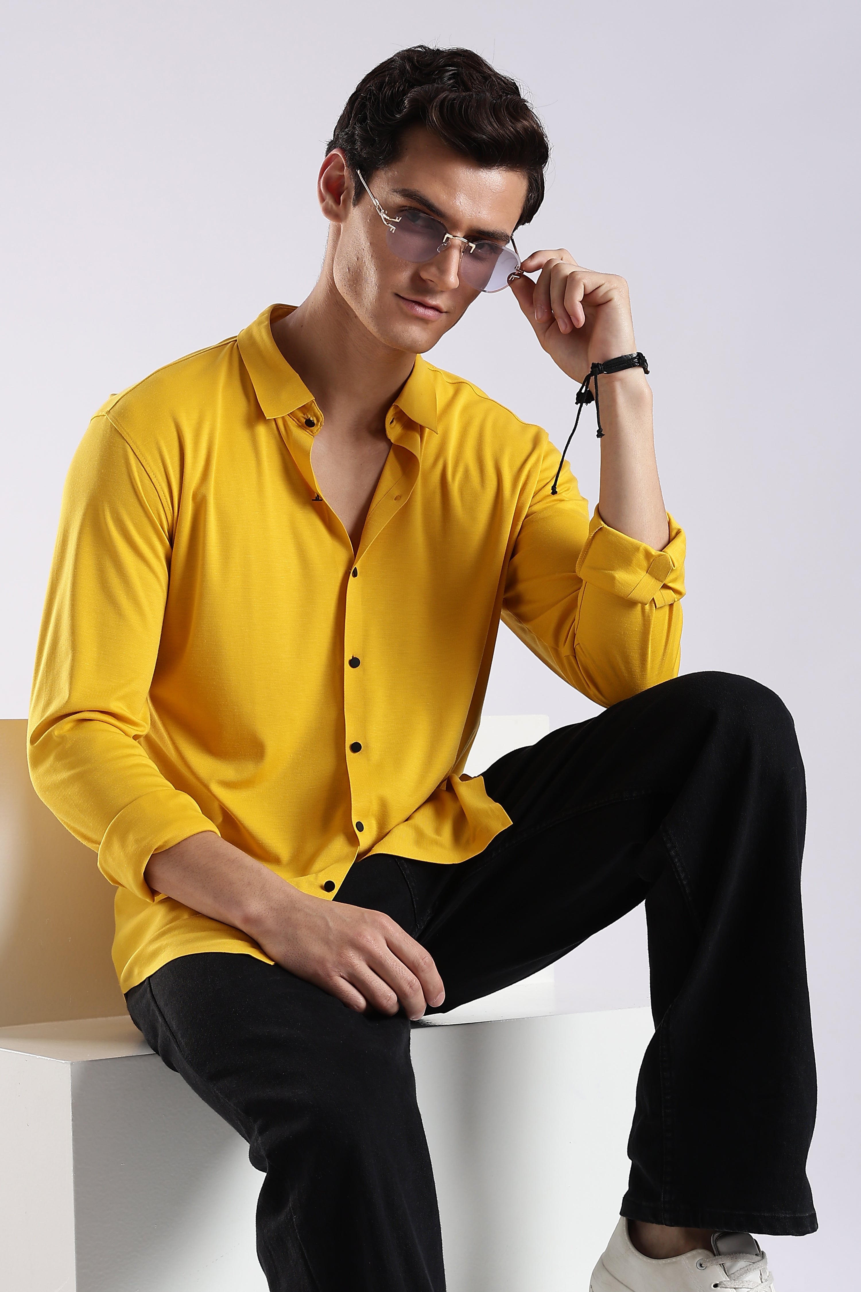 Men Yellow Knitted Slim Fit Shirt