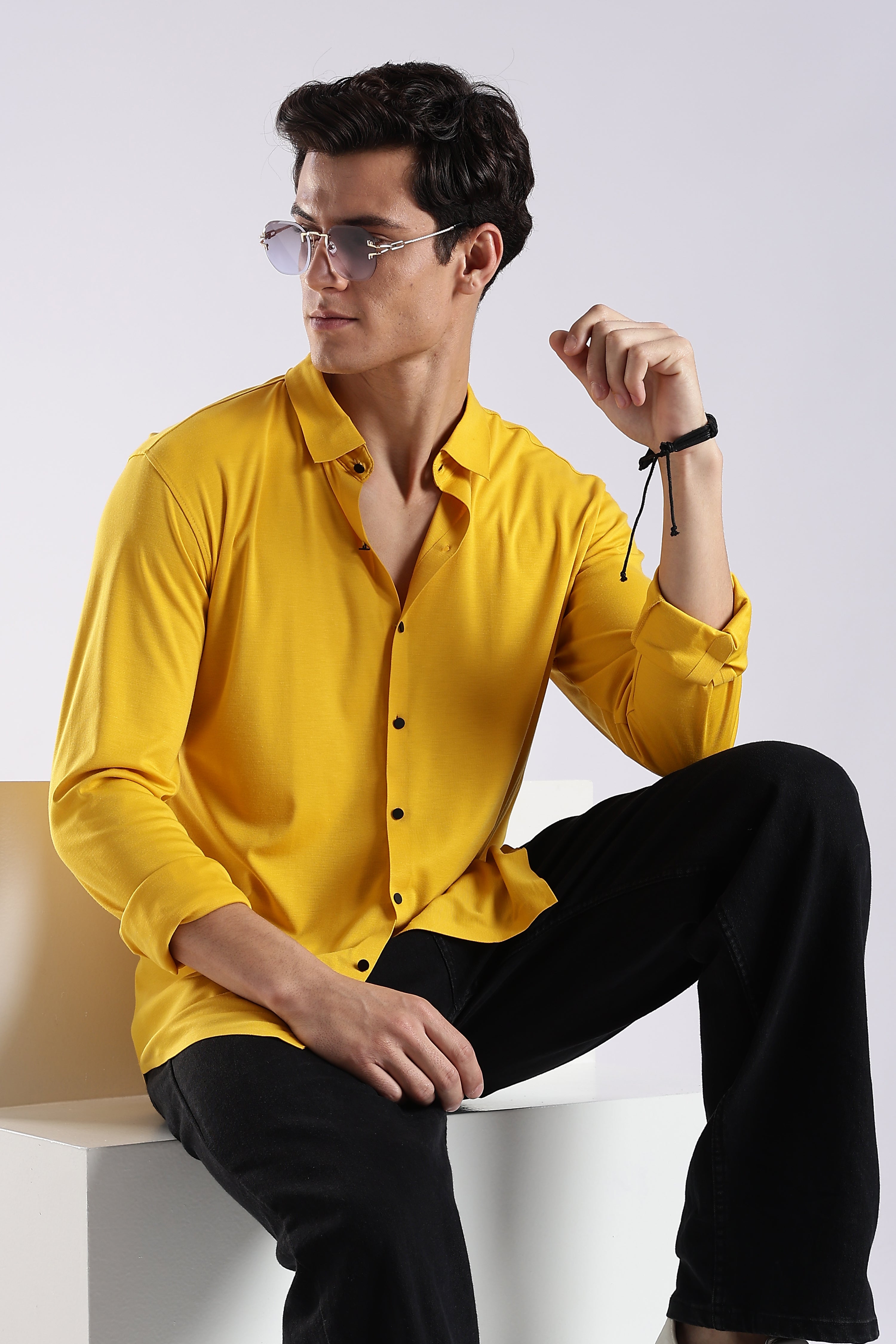 Men Yellow Knitted Slim Fit Shirt