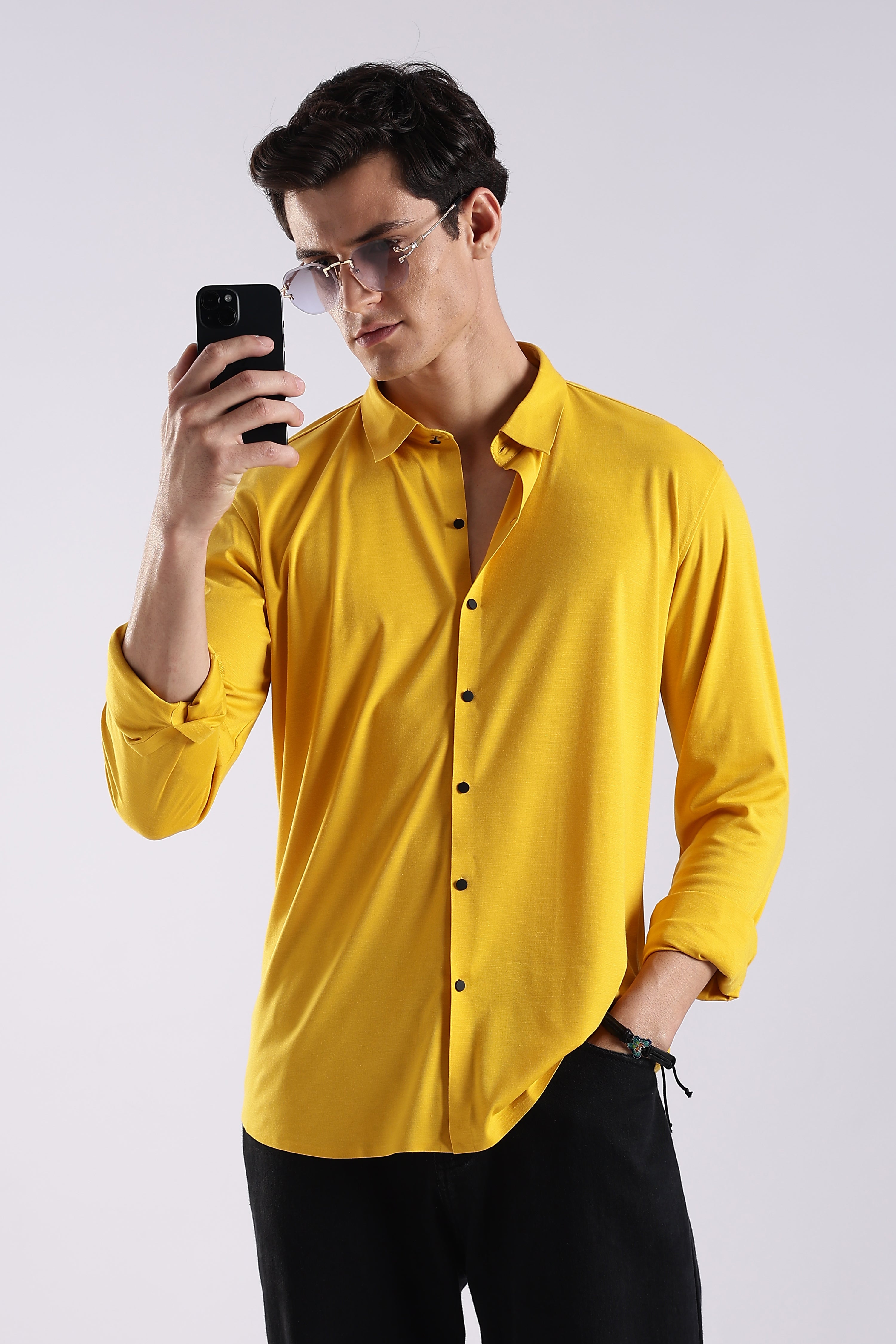 Men Yellow Knitted Slim Fit Shirt