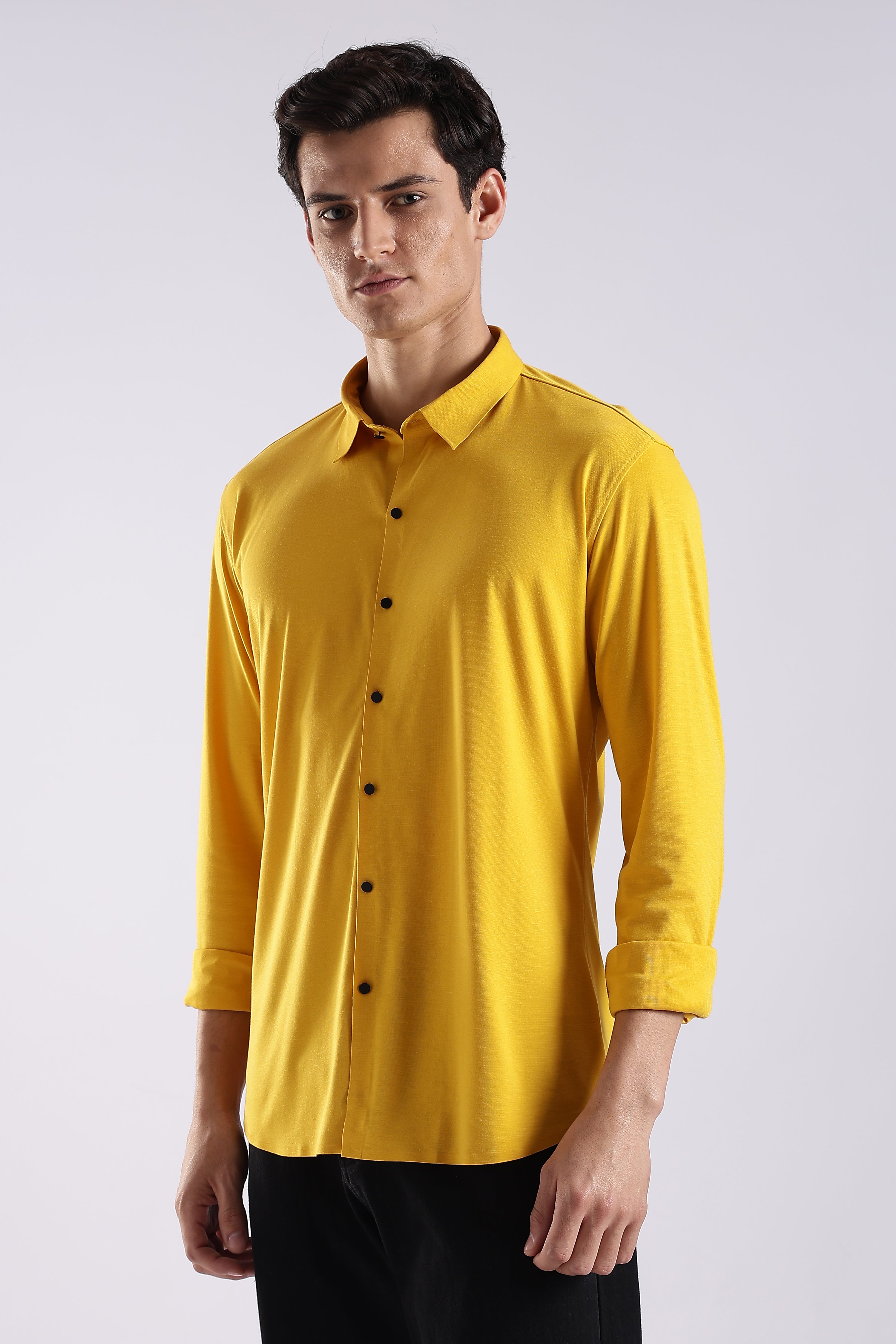 Men Yellow Knitted Slim Fit Shirt
