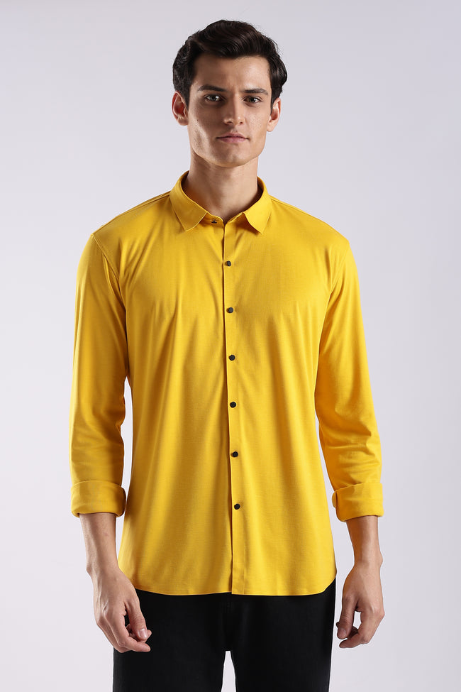Men Yellow Knitted Slim Fit Shirt