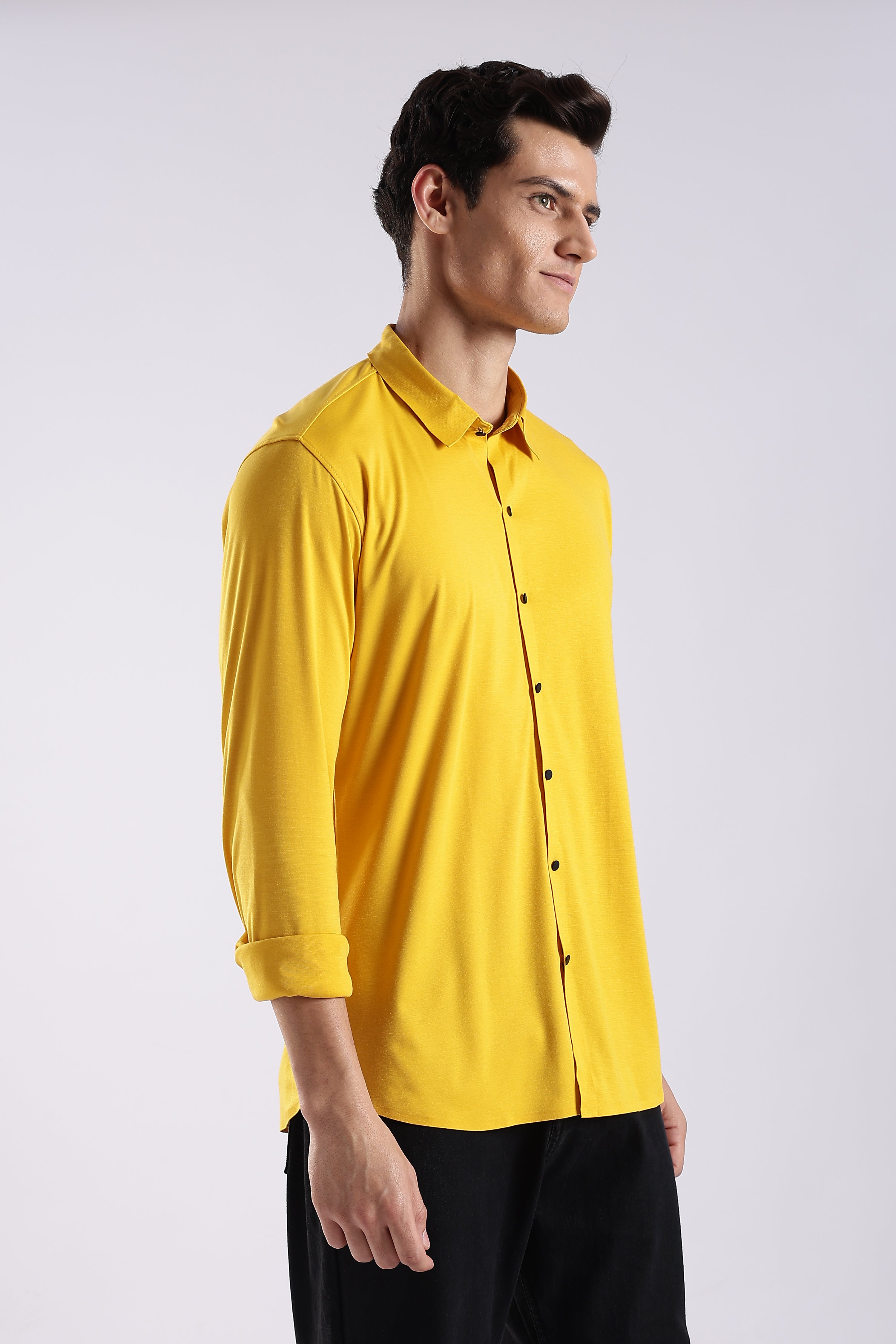 Men Yellow Knitted Slim Fit Shirt