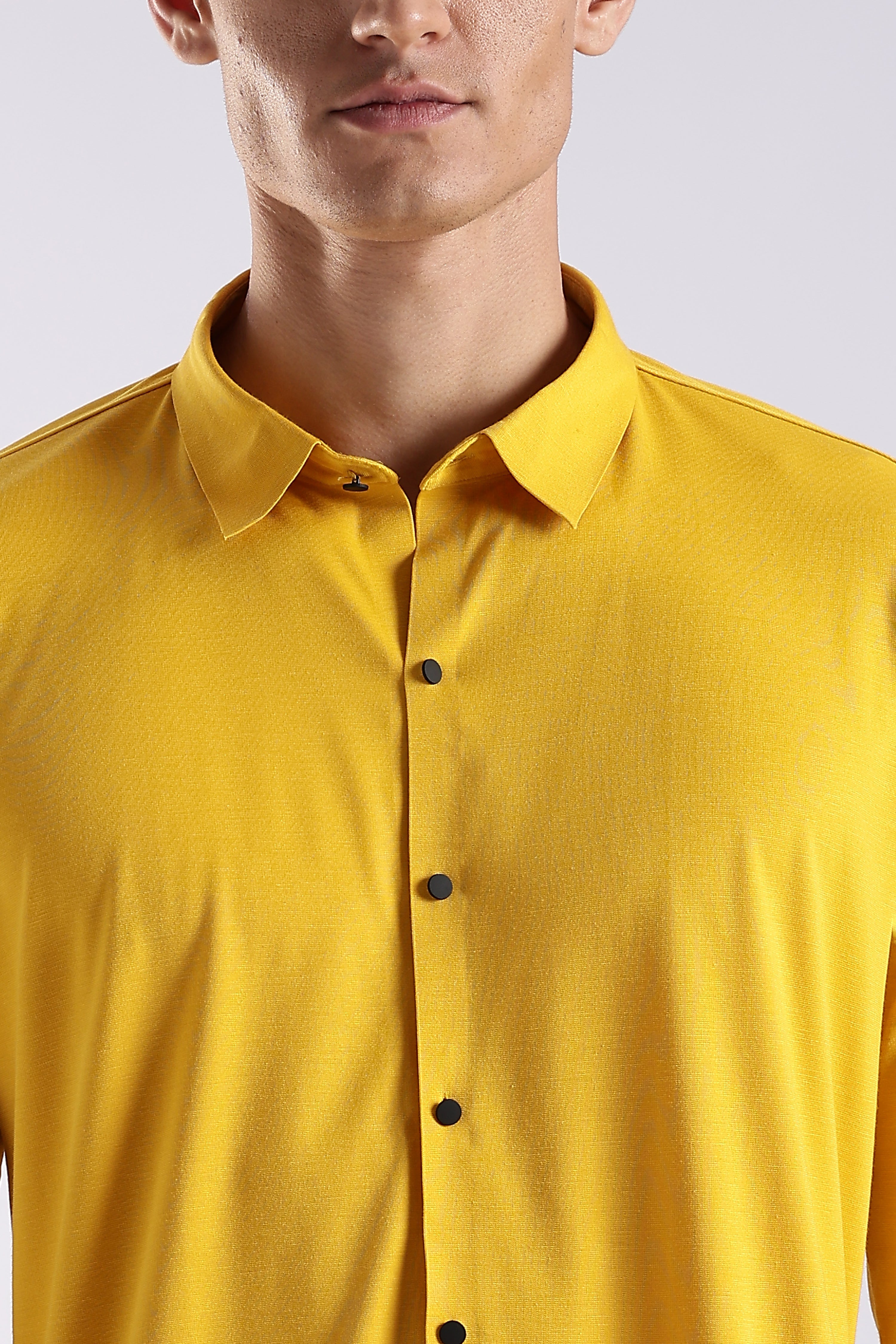 Men Yellow Knitted Slim Fit Shirt