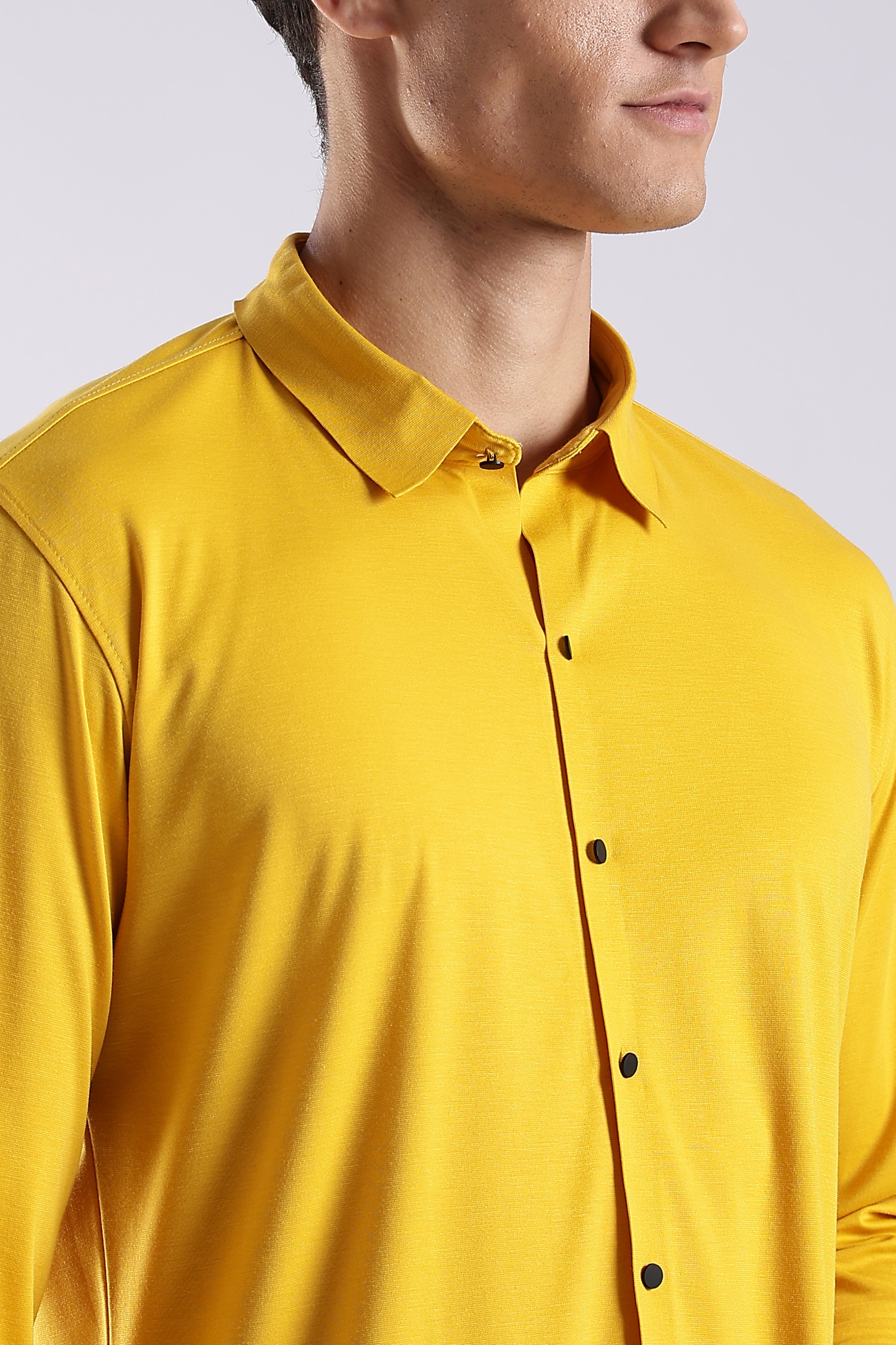 Men Yellow Knitted Slim Fit Shirt