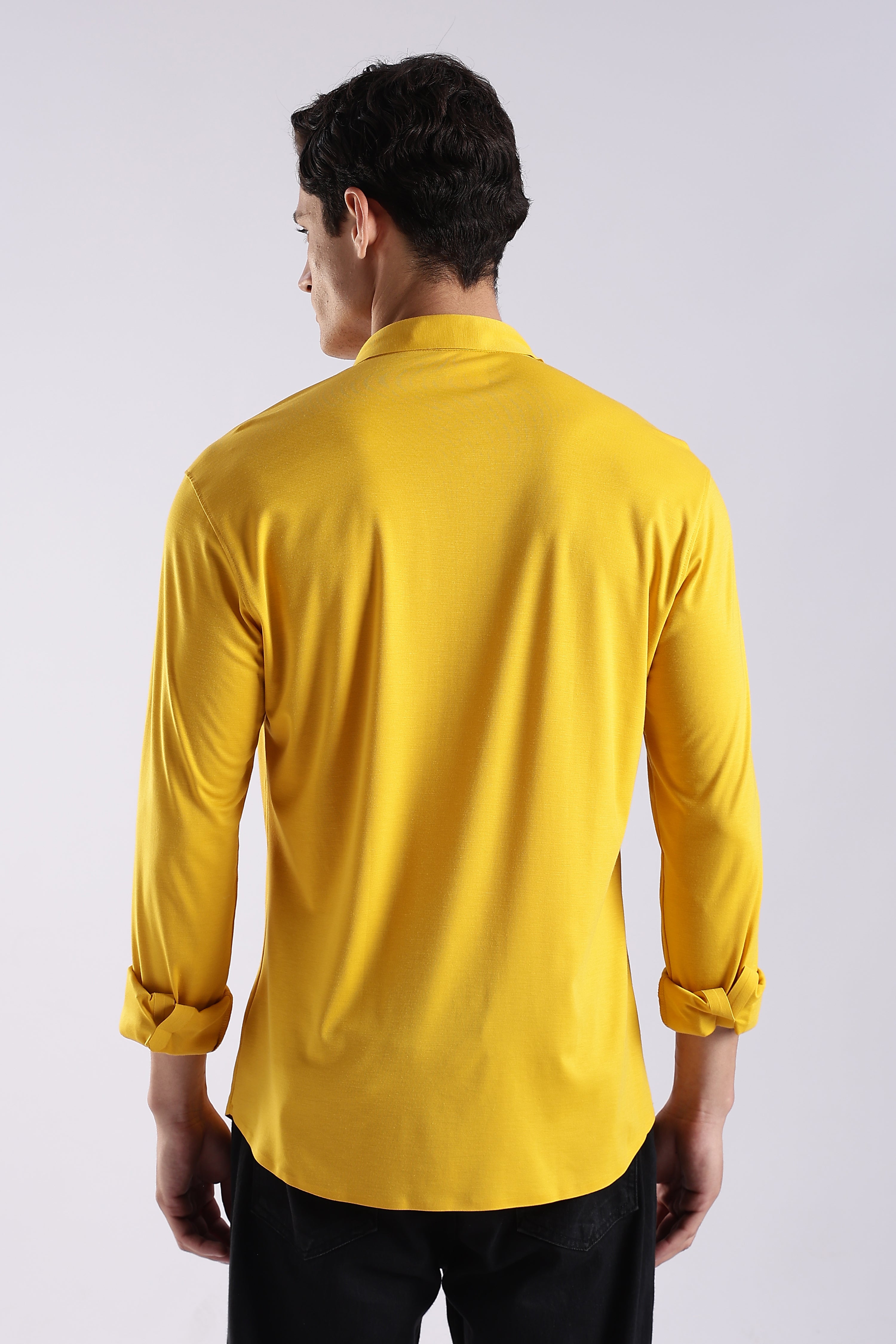 Men Yellow Knitted Slim Fit Shirt