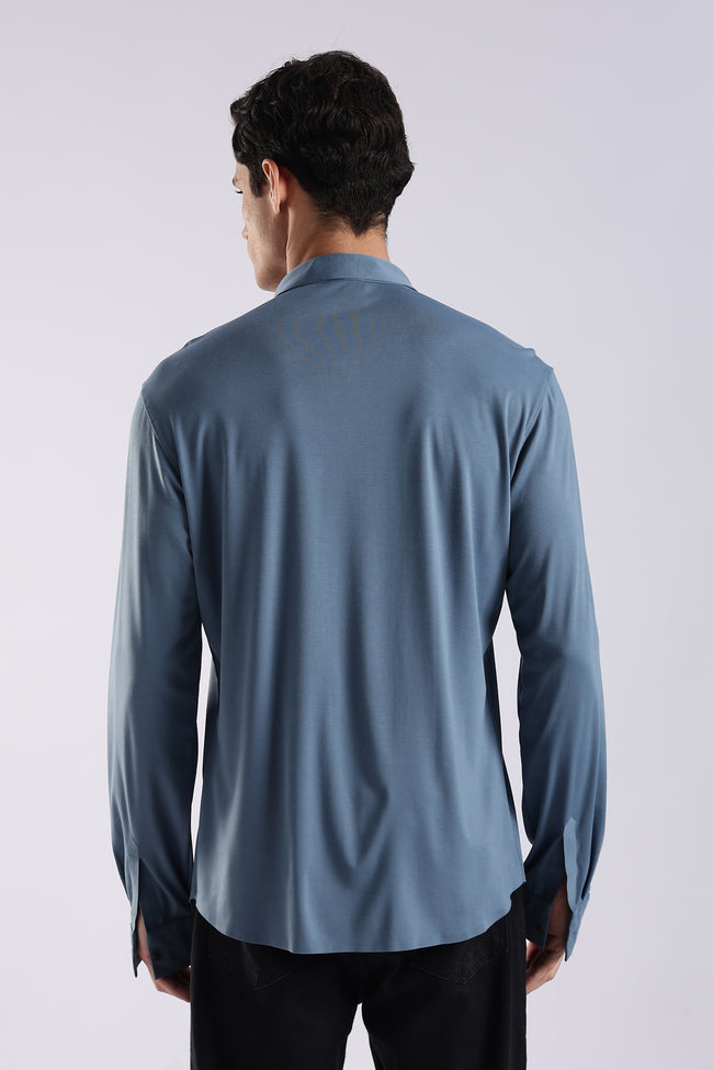 Men Blue Knitted Slim Fit Shirt