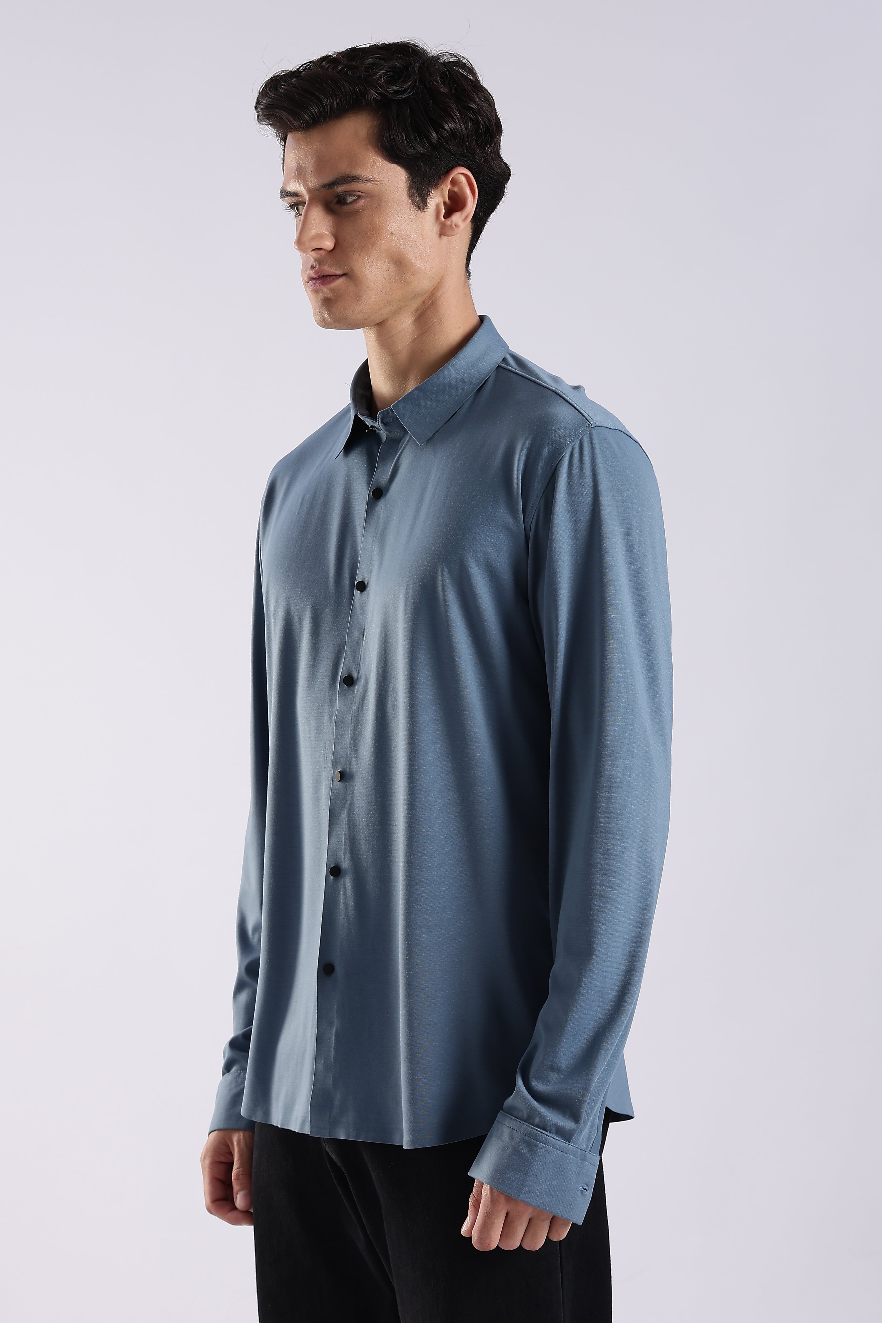 Men Blue Knitted Slim Fit Shirt