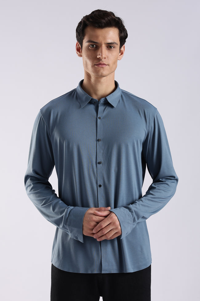 Men Blue Knitted Slim Fit Shirt