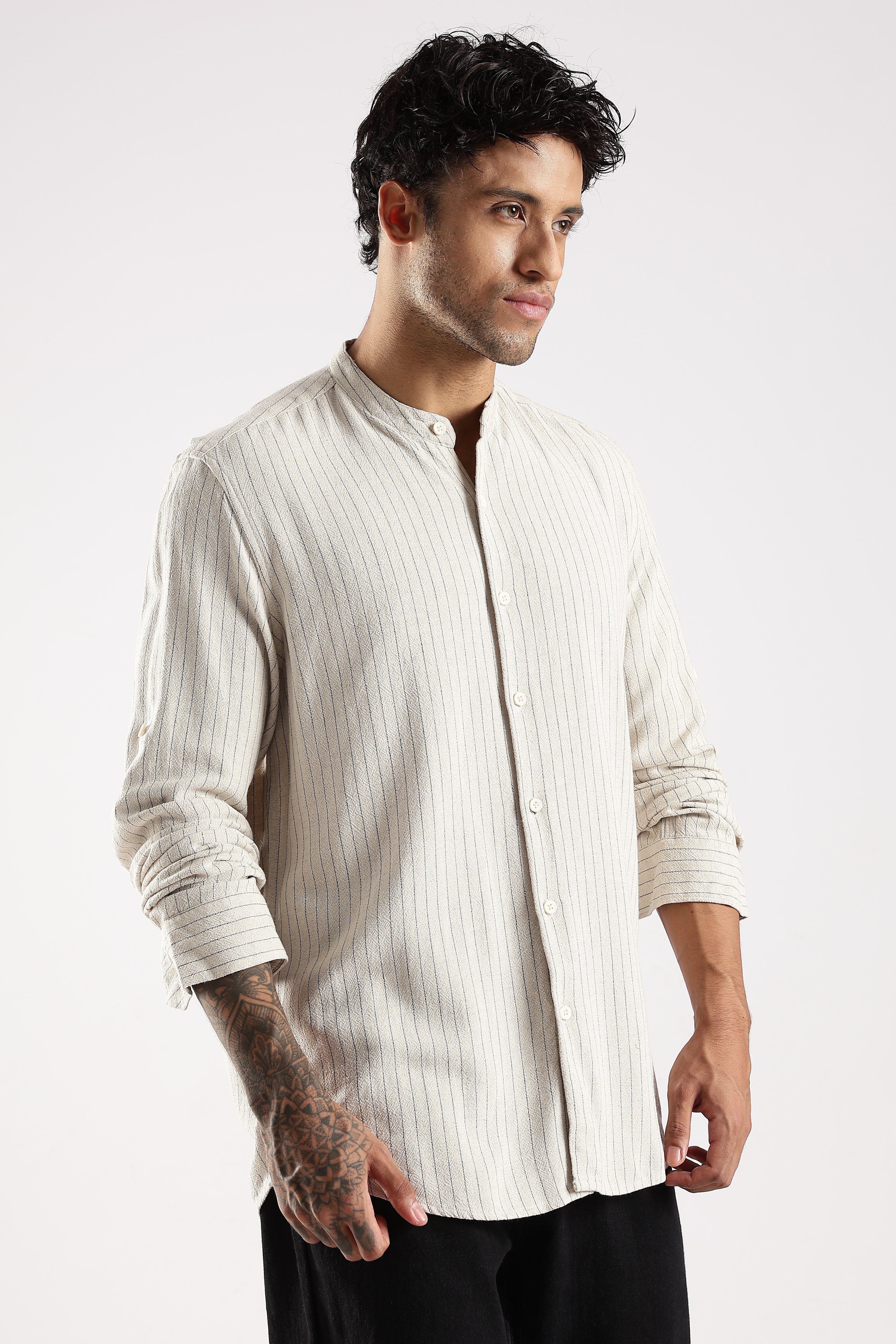Men Cream Linen Blend Striped Shirt