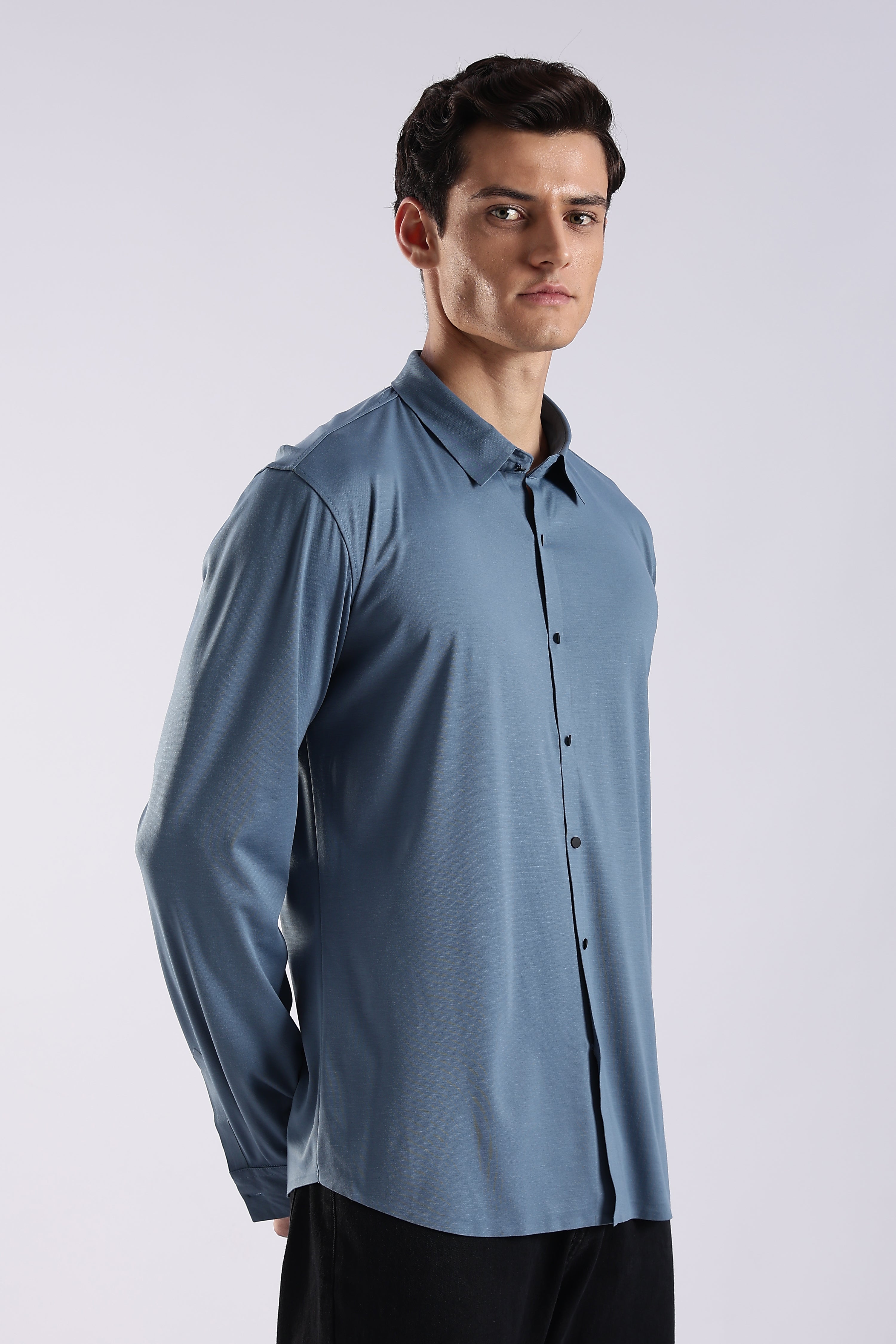 Men Blue Knitted Slim Fit Shirt