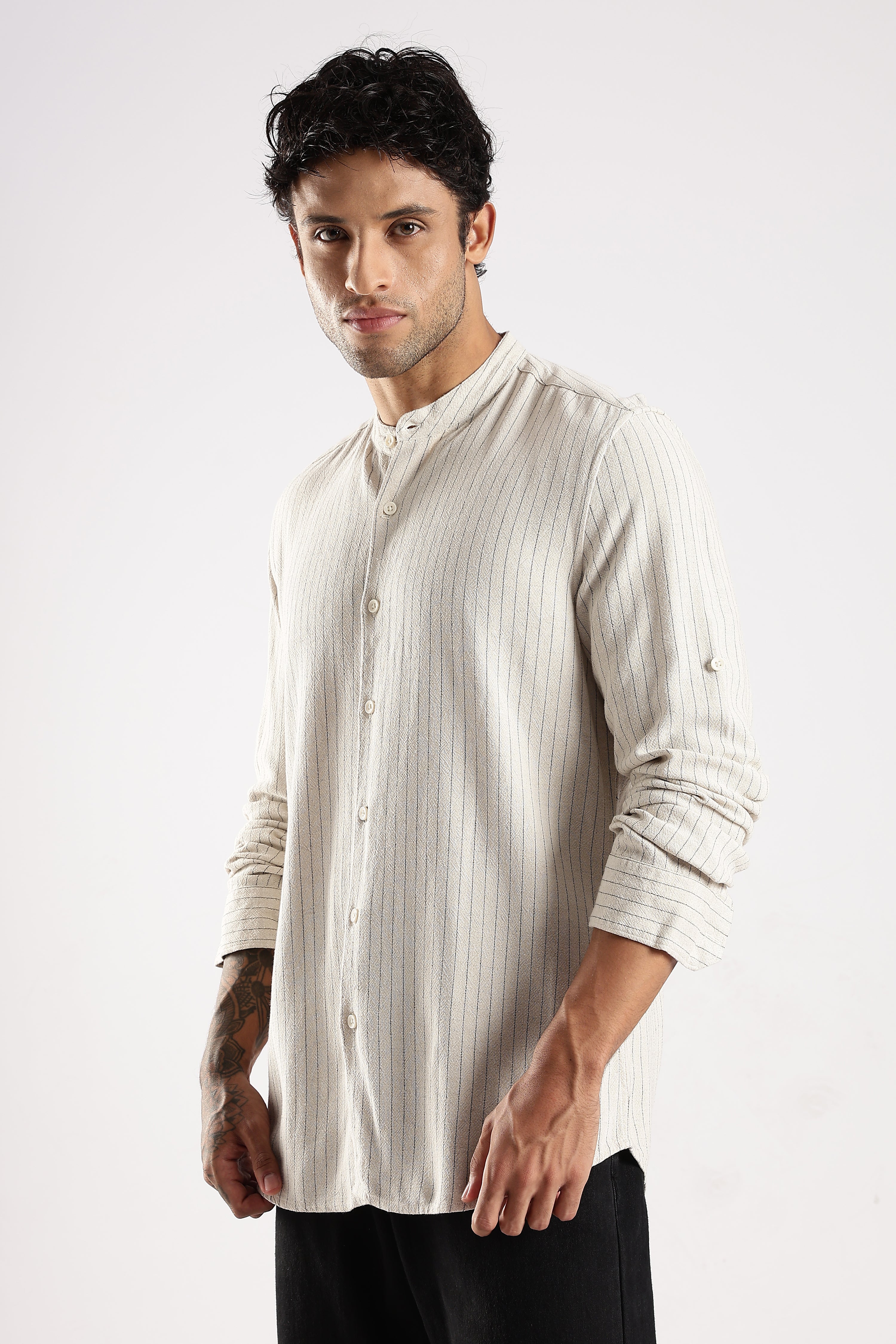 Men Cream Linen Blend Striped Shirt