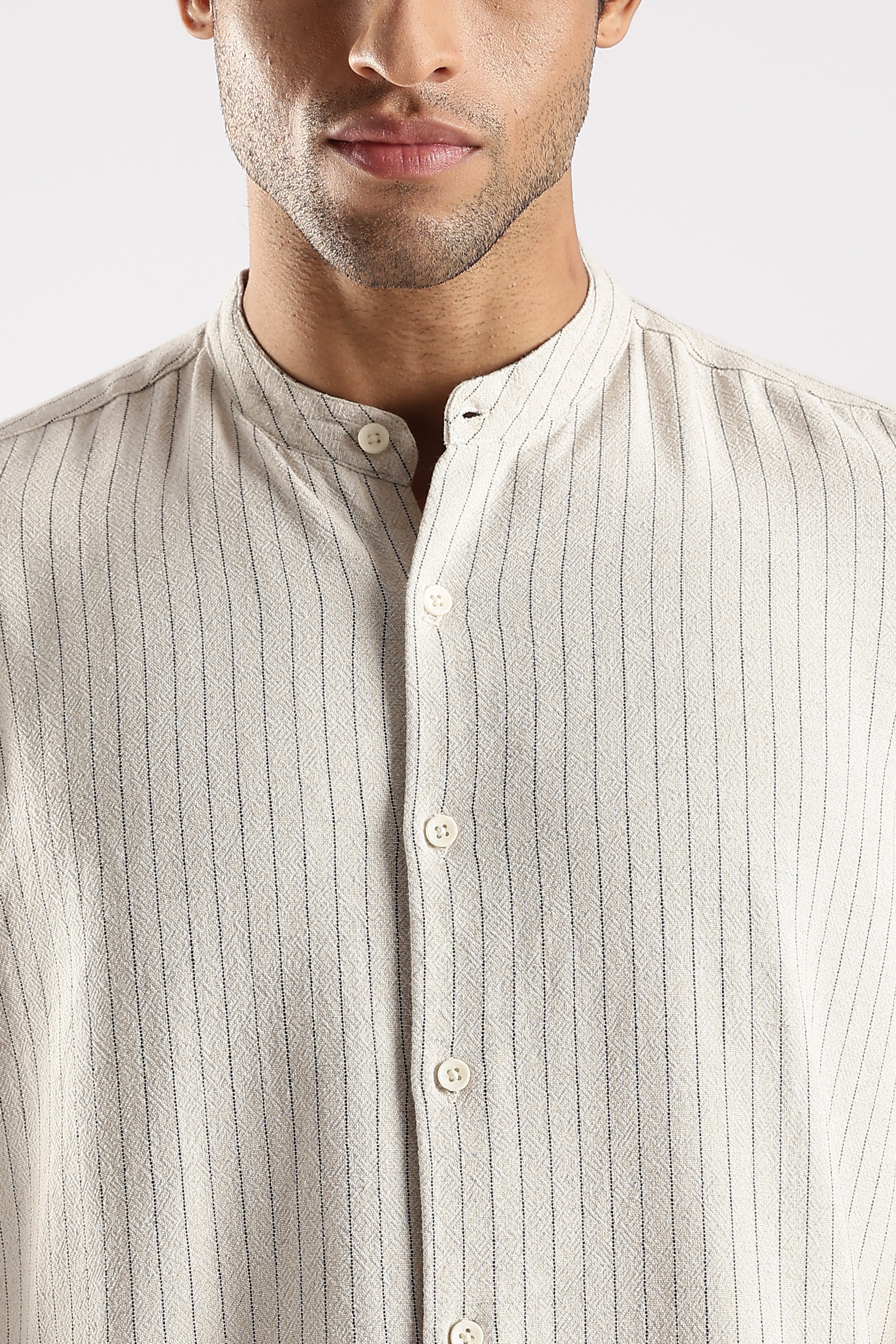 Men Cream Linen Blend Striped Shirt