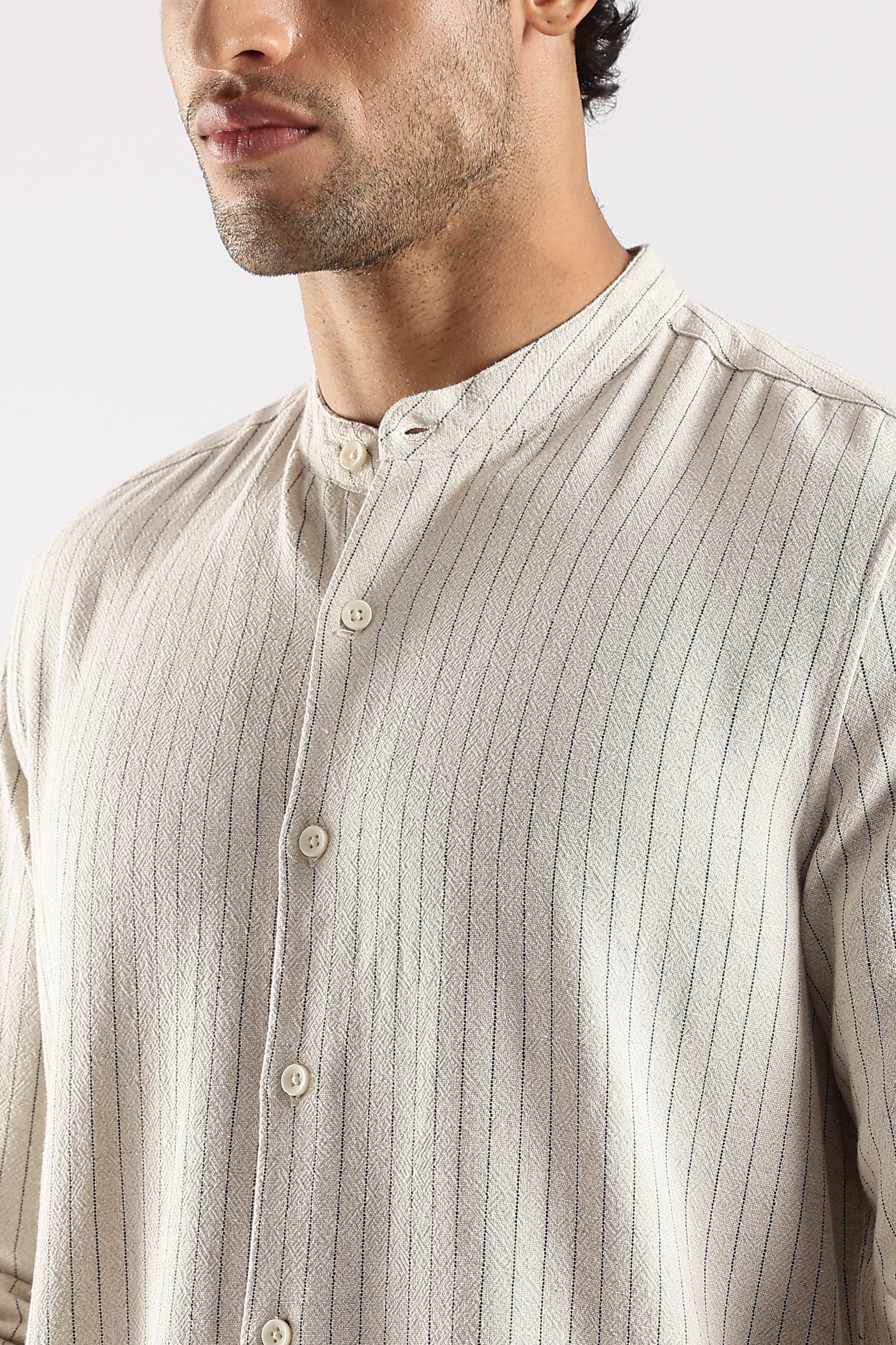 Men Cream Linen Blend Striped Shirt