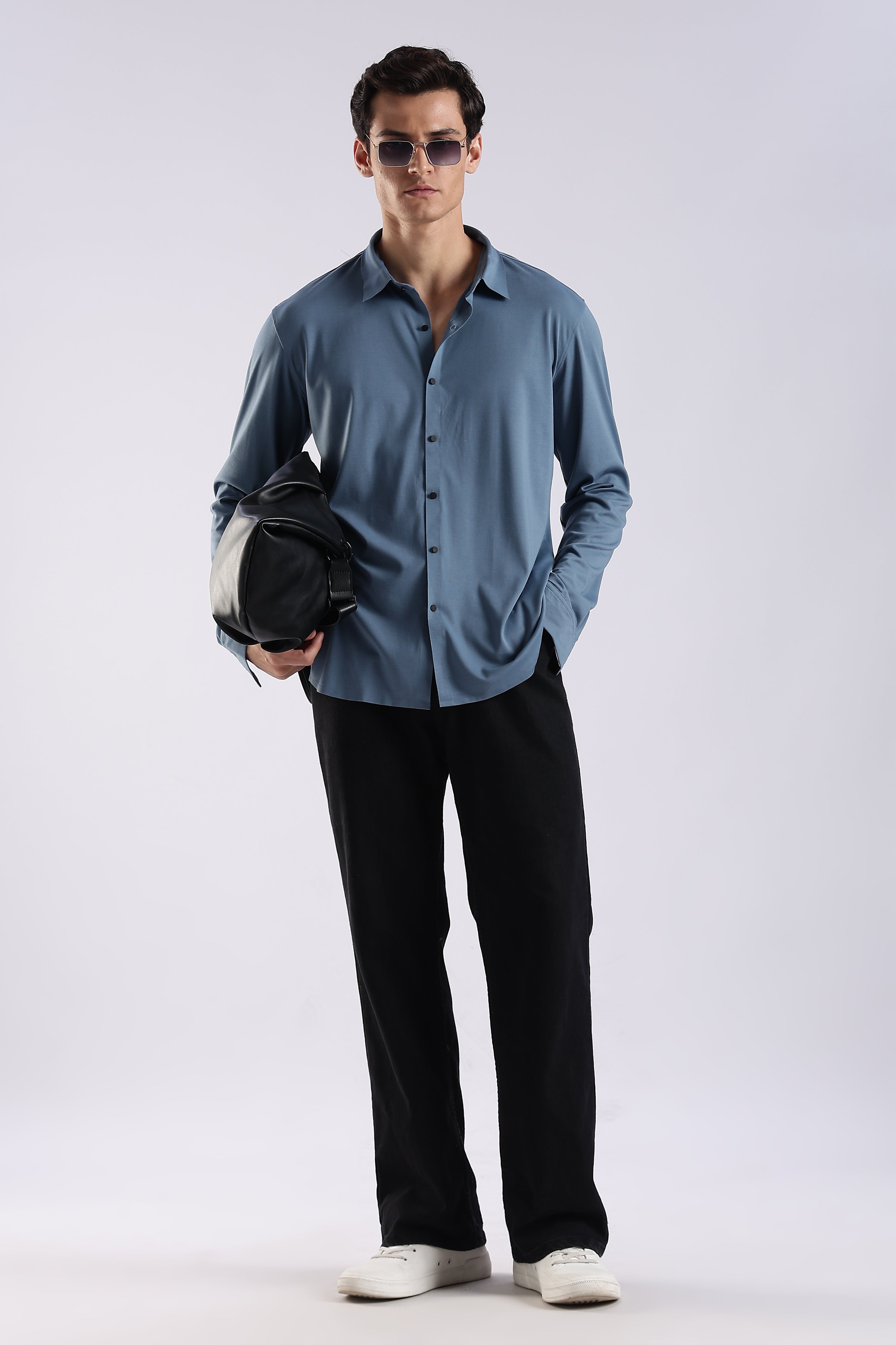Men Blue Knitted Slim Fit Shirt