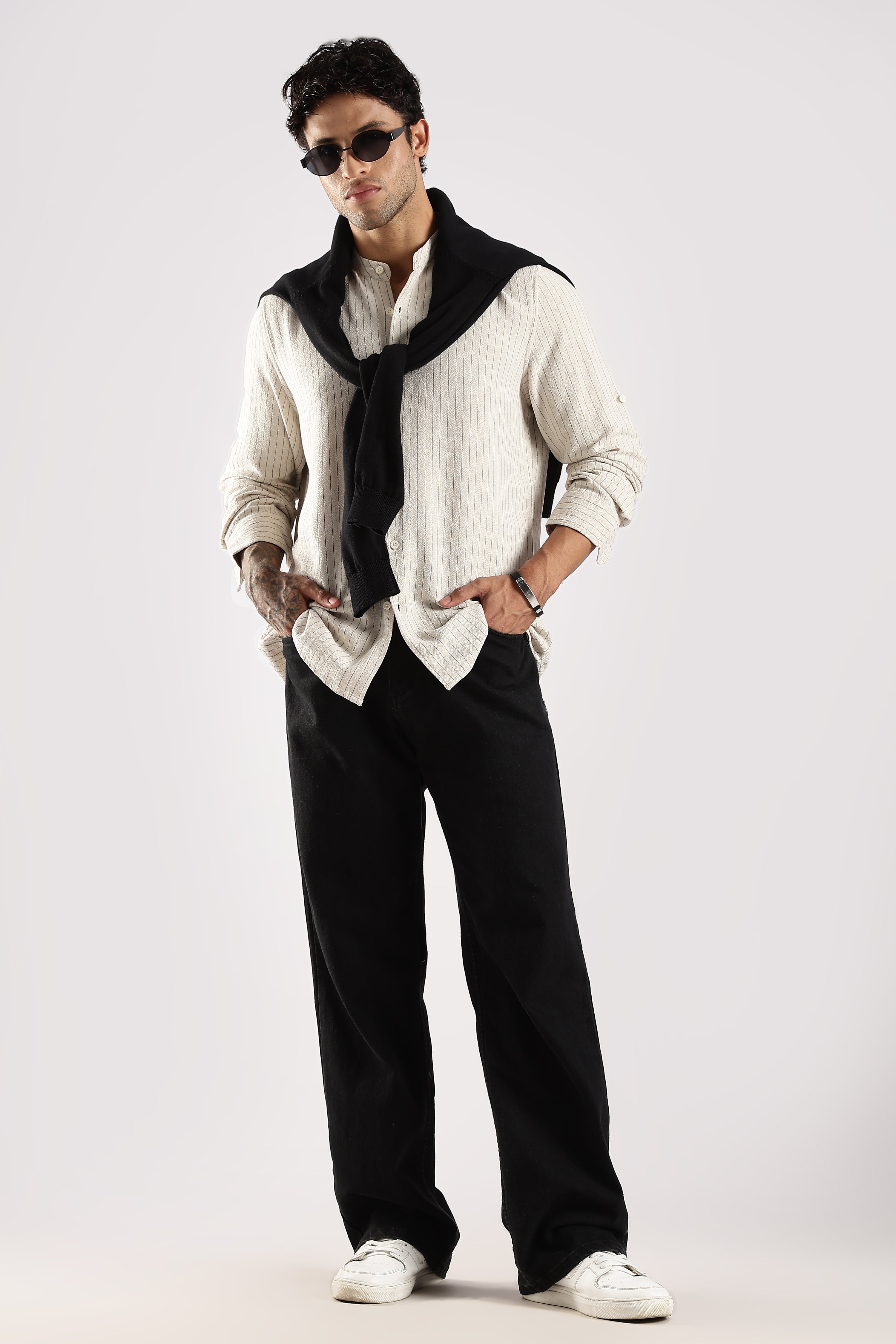 Men Cream Linen Blend Striped Shirt