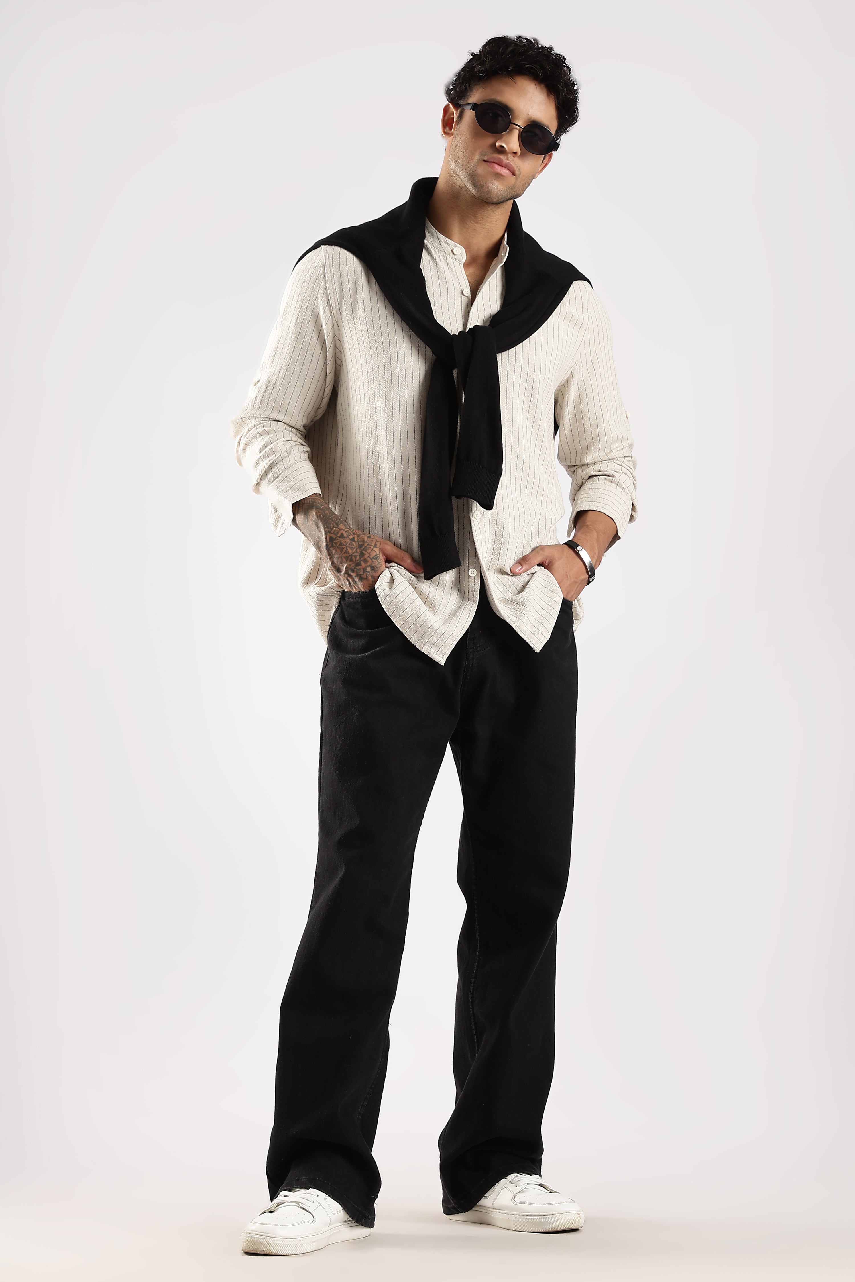 Men Cream Linen Blend Striped Shirt