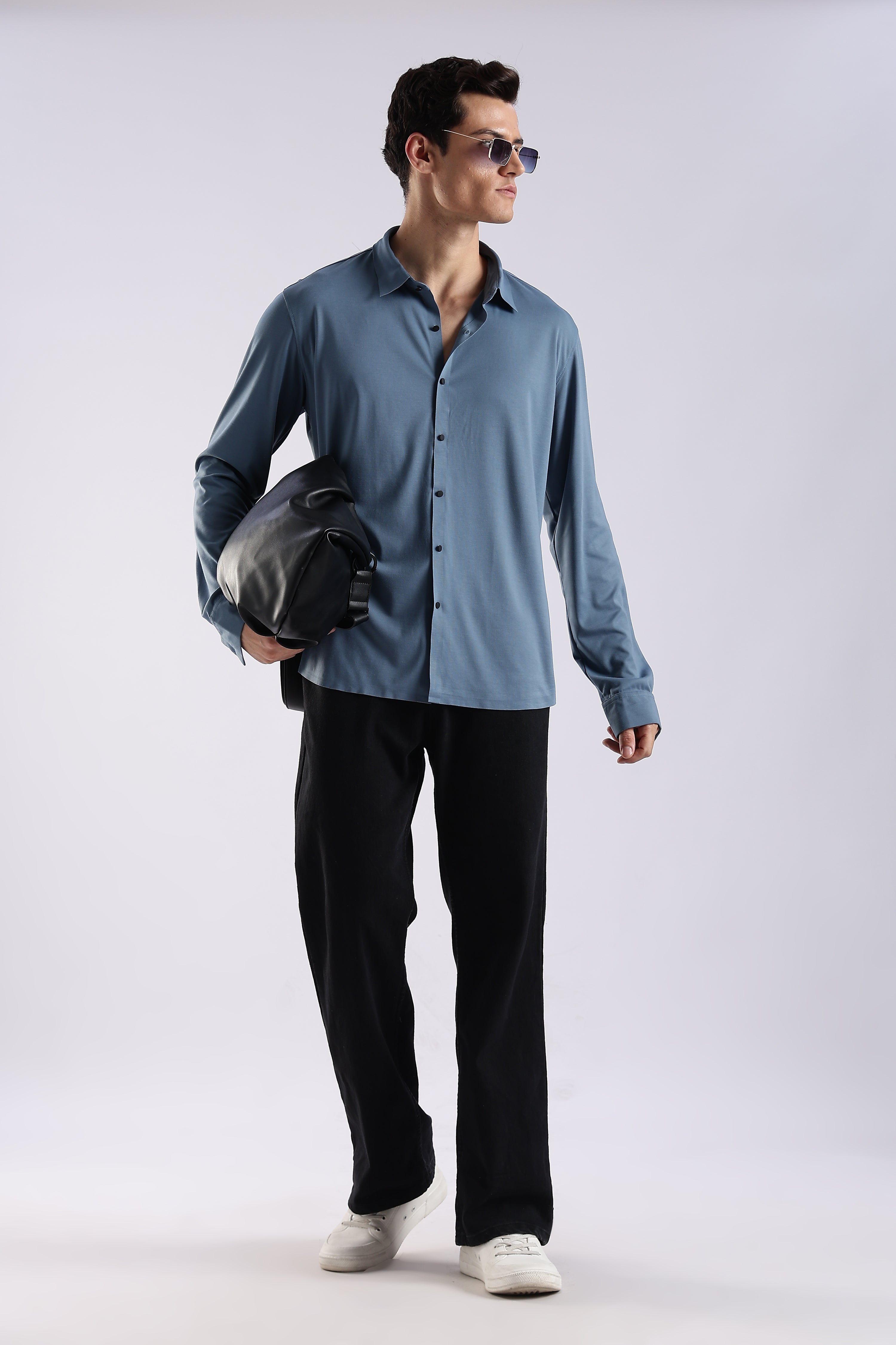 Men Blue Knitted Slim Fit Shirt