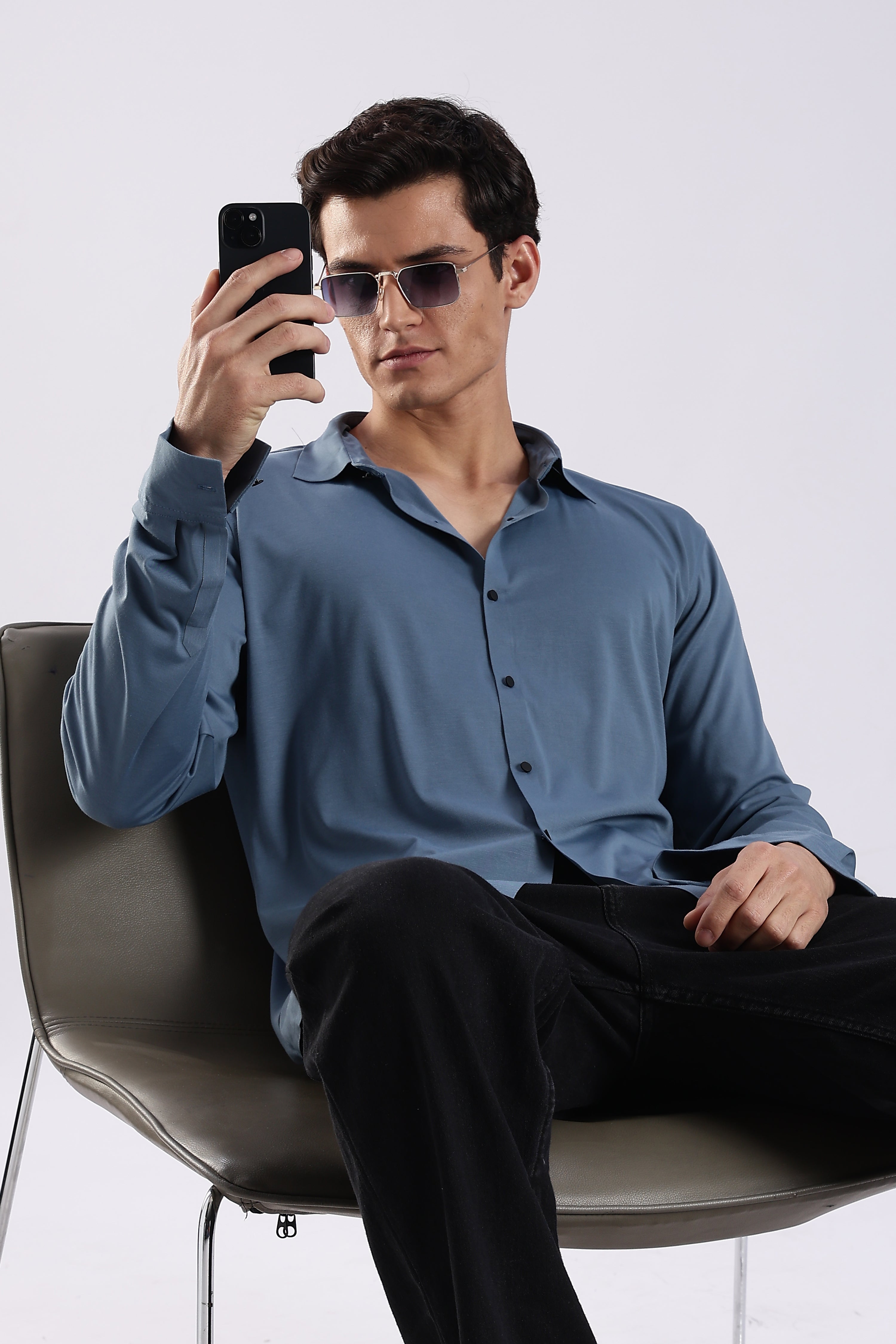 Men Blue Knitted Slim Fit Shirt