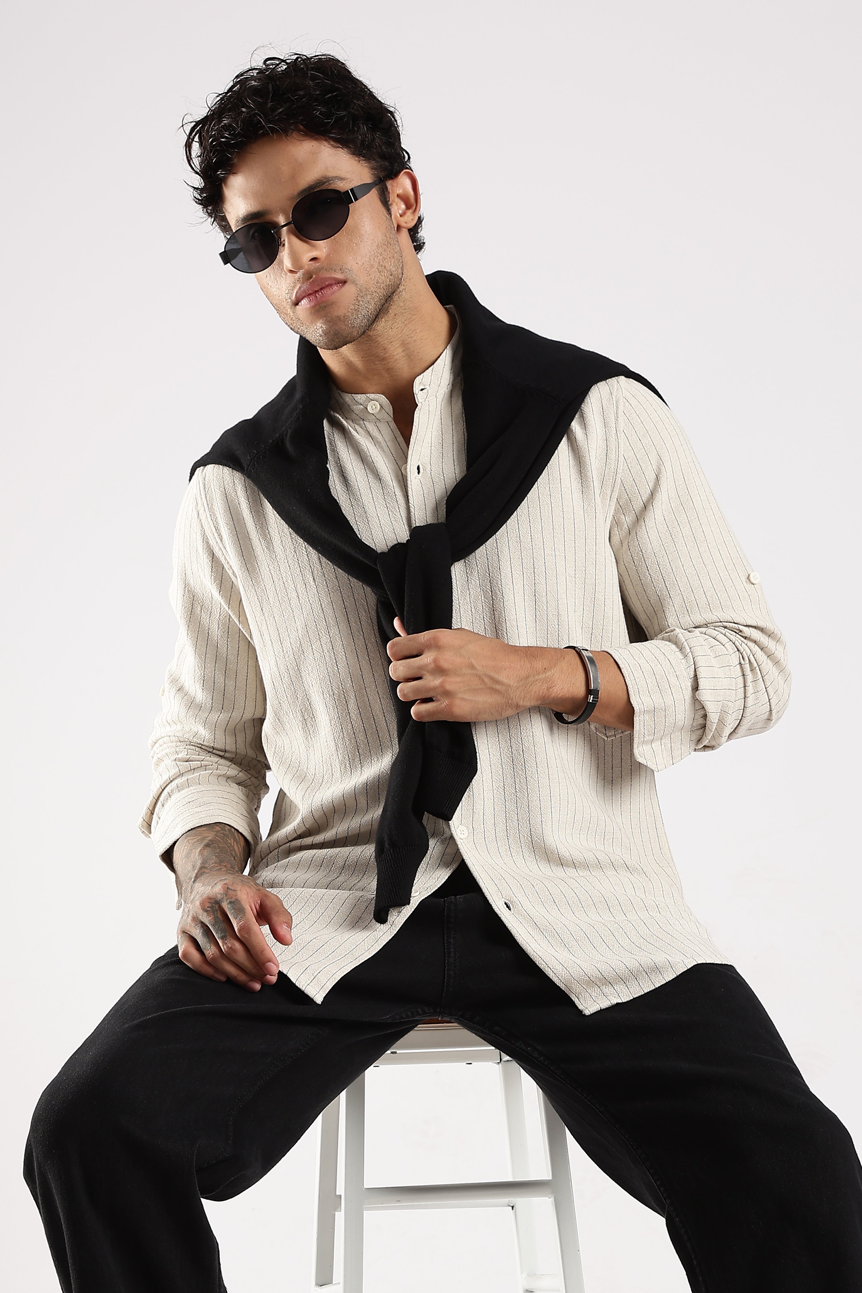 Men Cream Linen Blend Striped Shirt