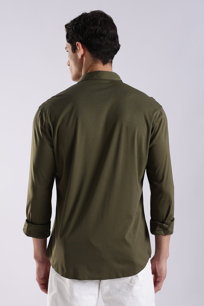 Men Olive Knitted Slim Fit Shirt