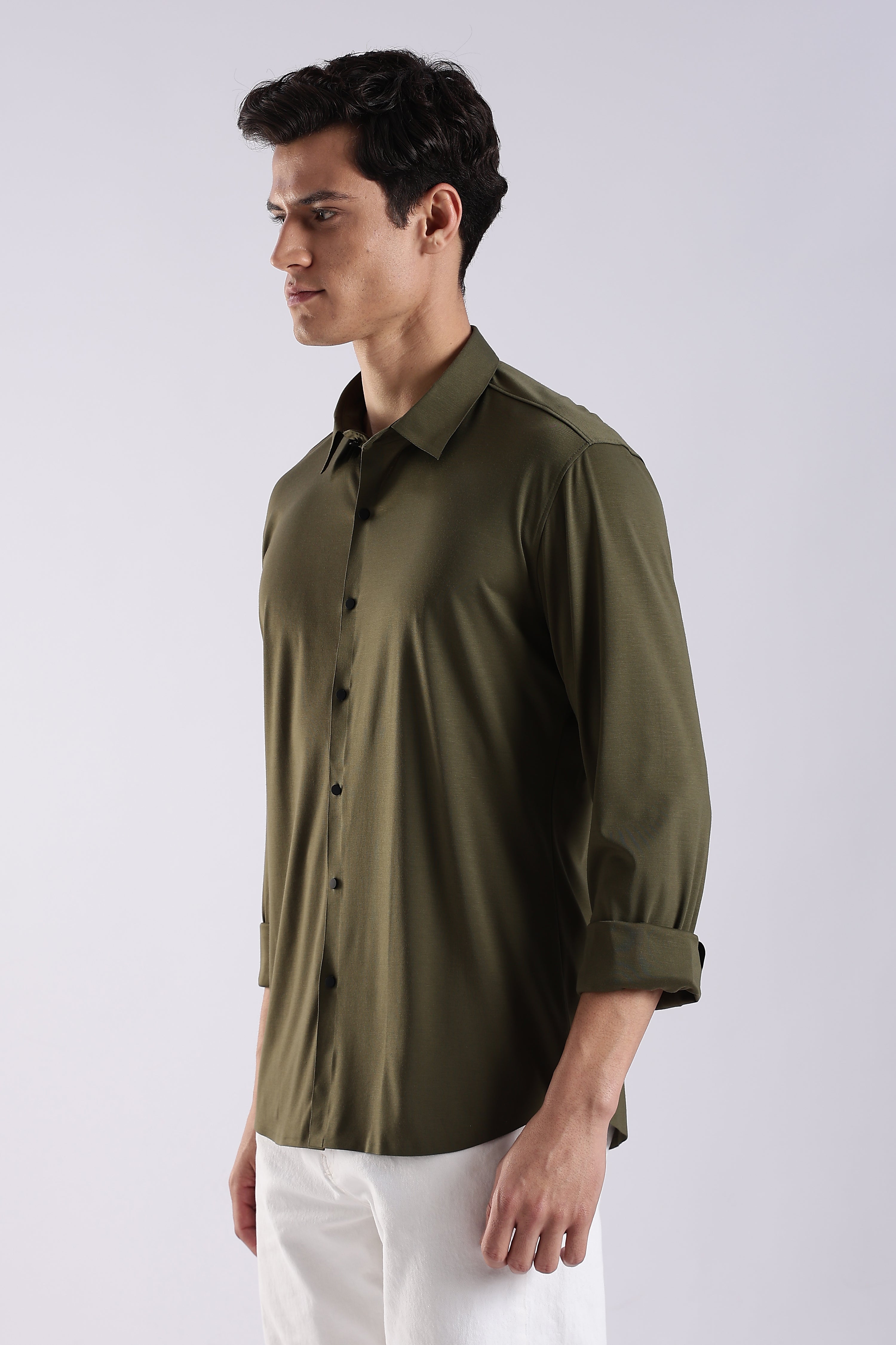 Men Olive Knitted Slim Fit Shirt