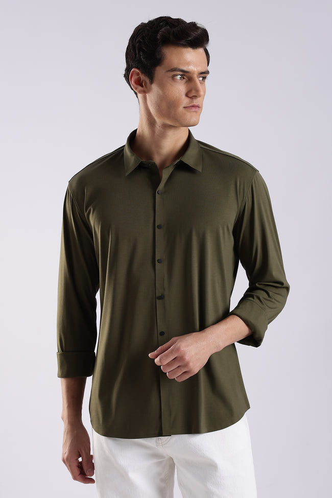 Men Olive Knitted Slim Fit Shirt