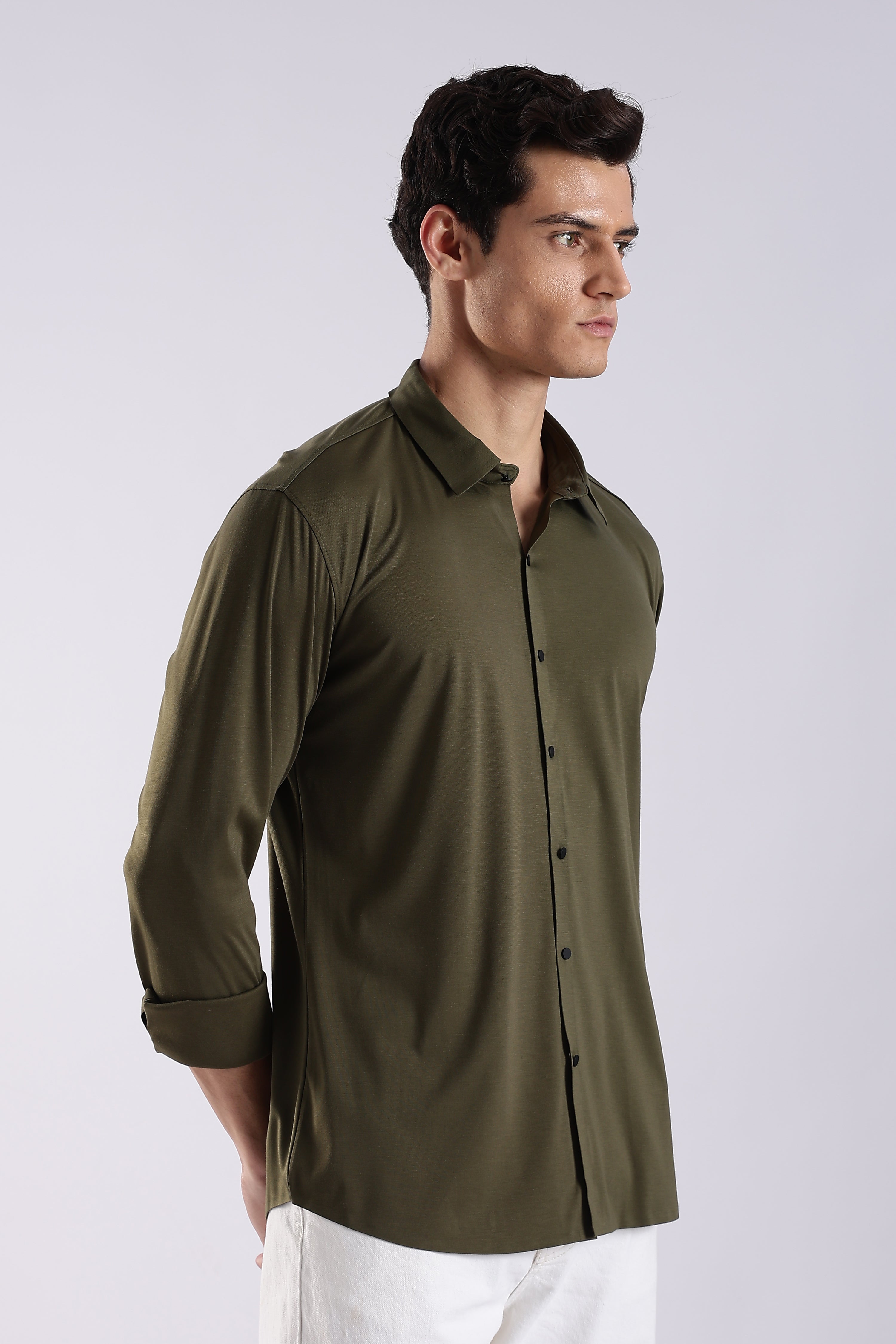 Men Olive Knitted Slim Fit Shirt