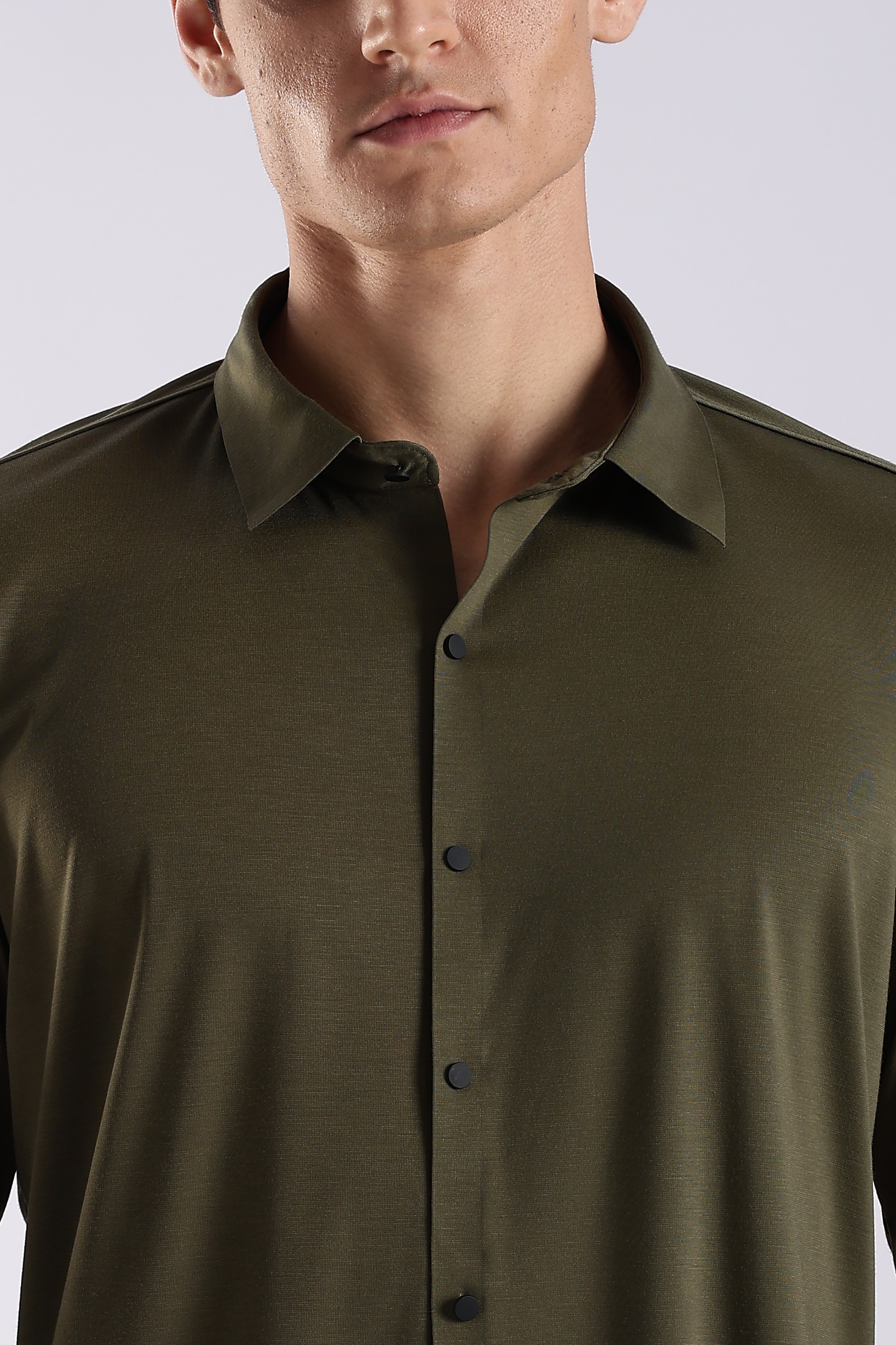 Men Olive Knitted Slim Fit Shirt
