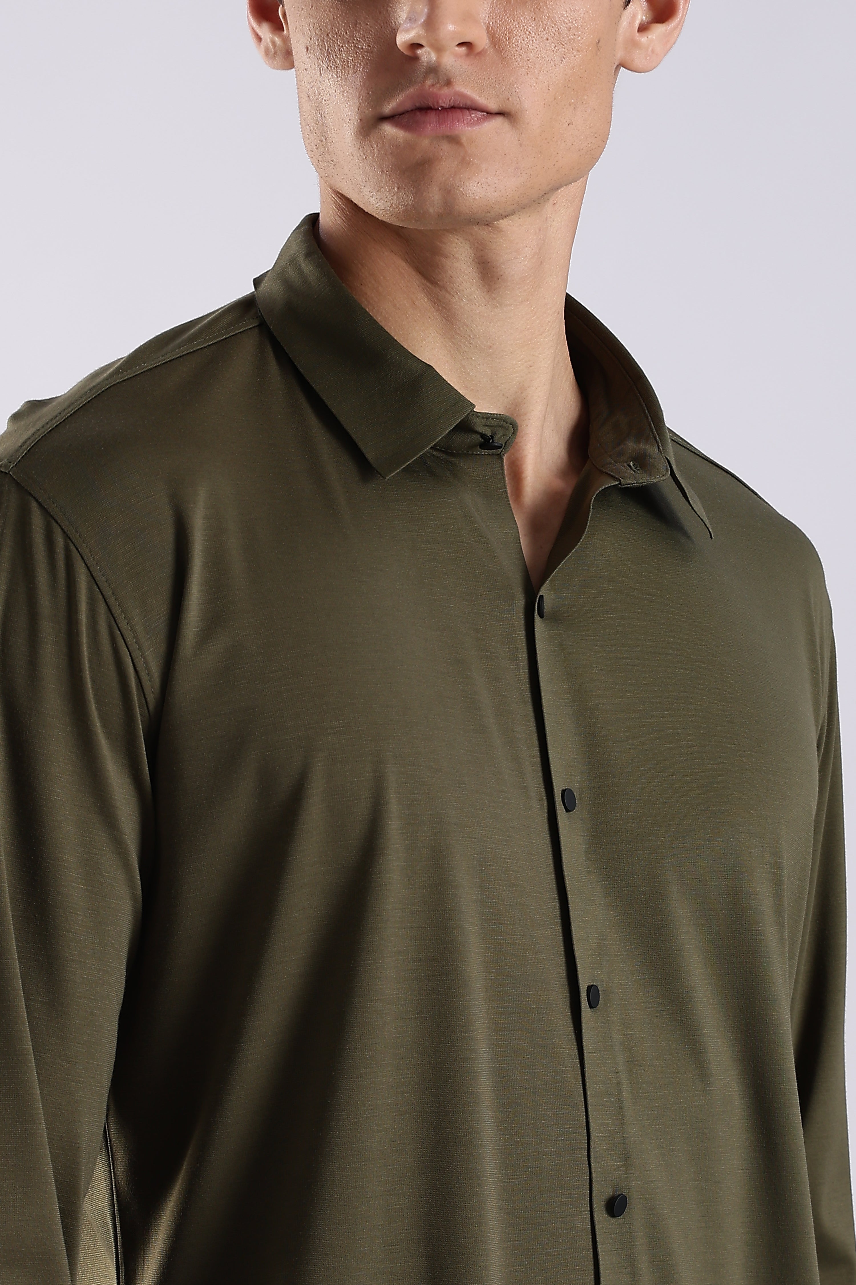 Men Olive Knitted Slim Fit Shirt