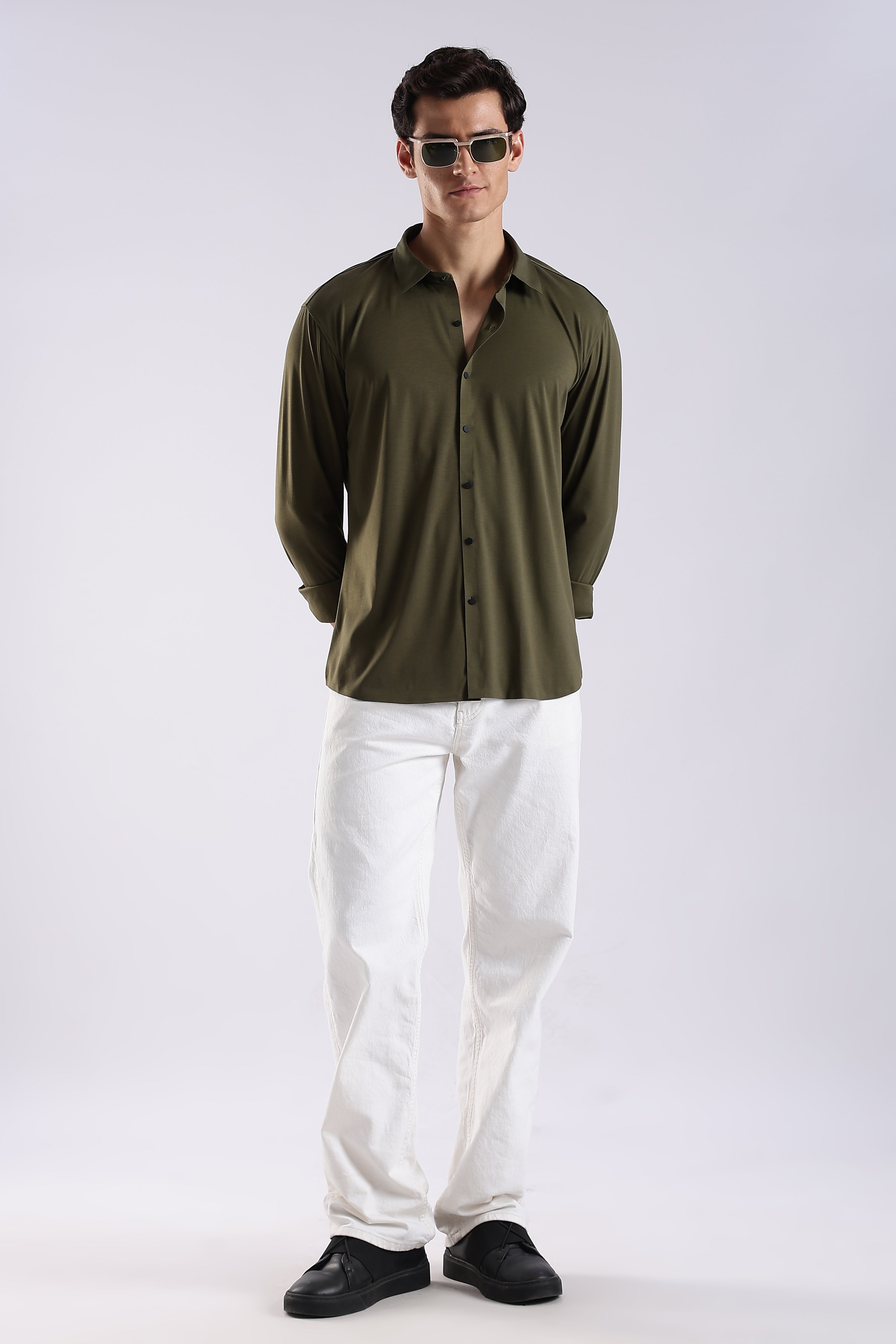 Men Olive Knitted Slim Fit Shirt