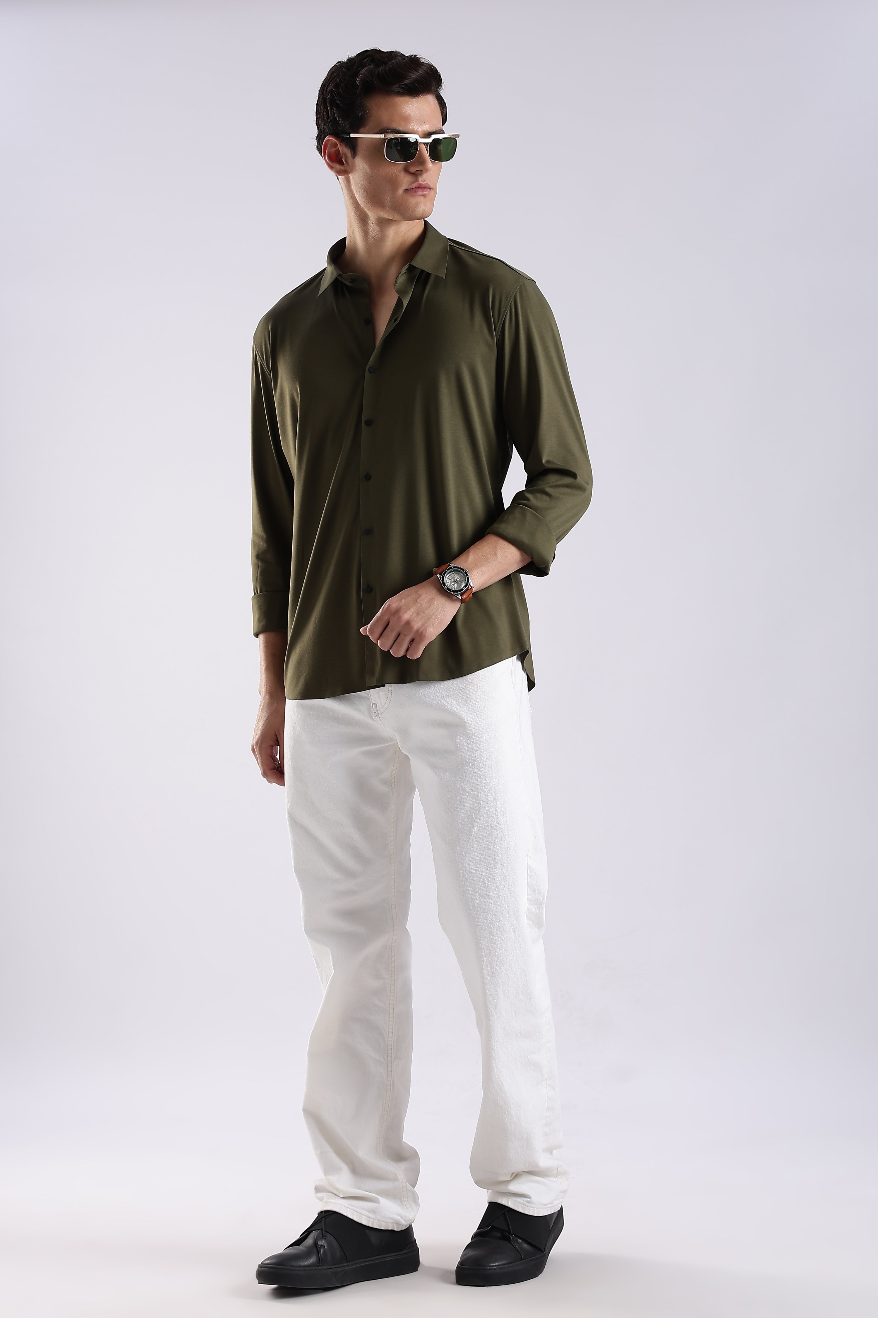Men Olive Knitted Slim Fit Shirt