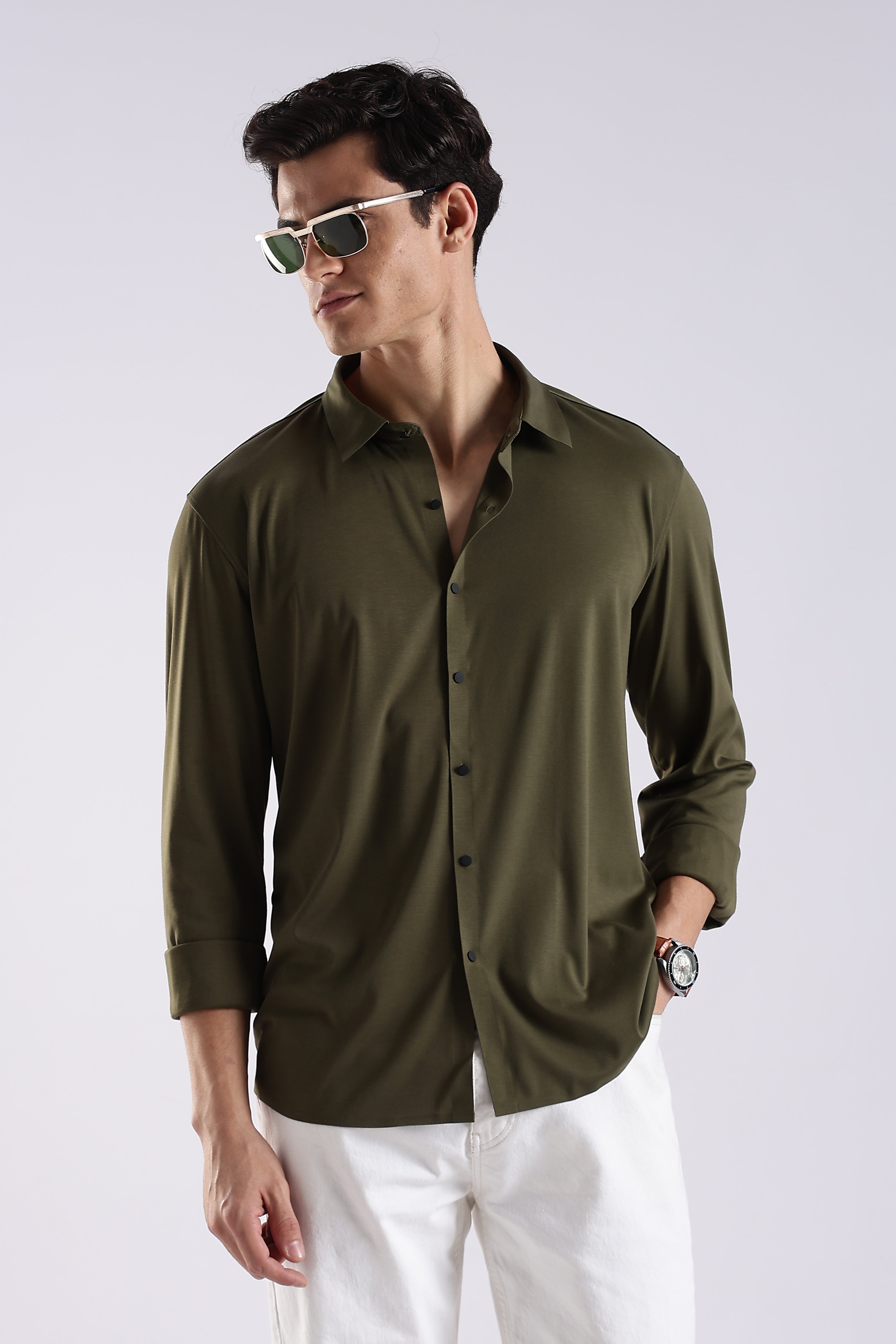 Men Olive Knitted Slim Fit Shirt