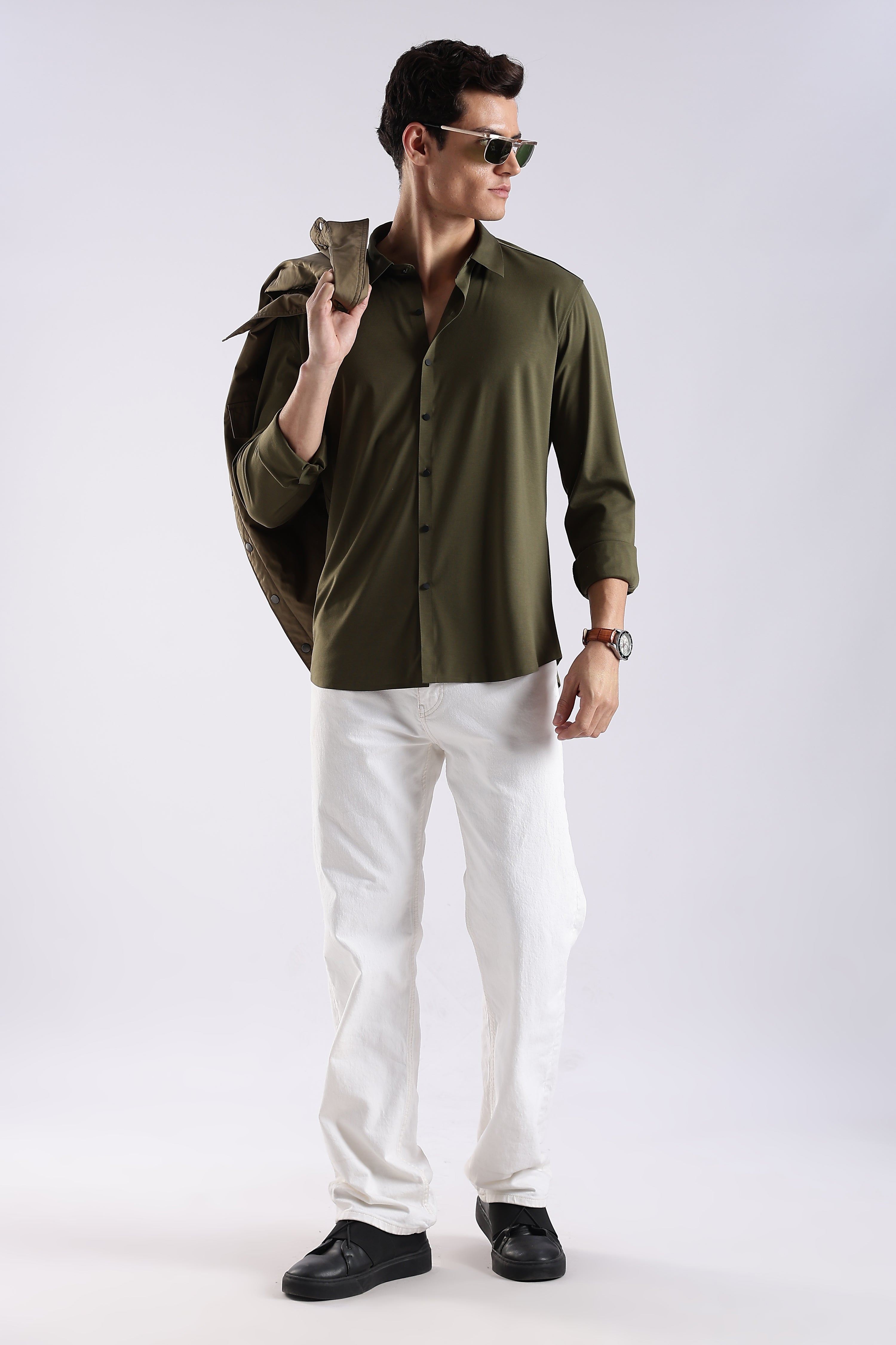 Men Olive Knitted Slim Fit Shirt