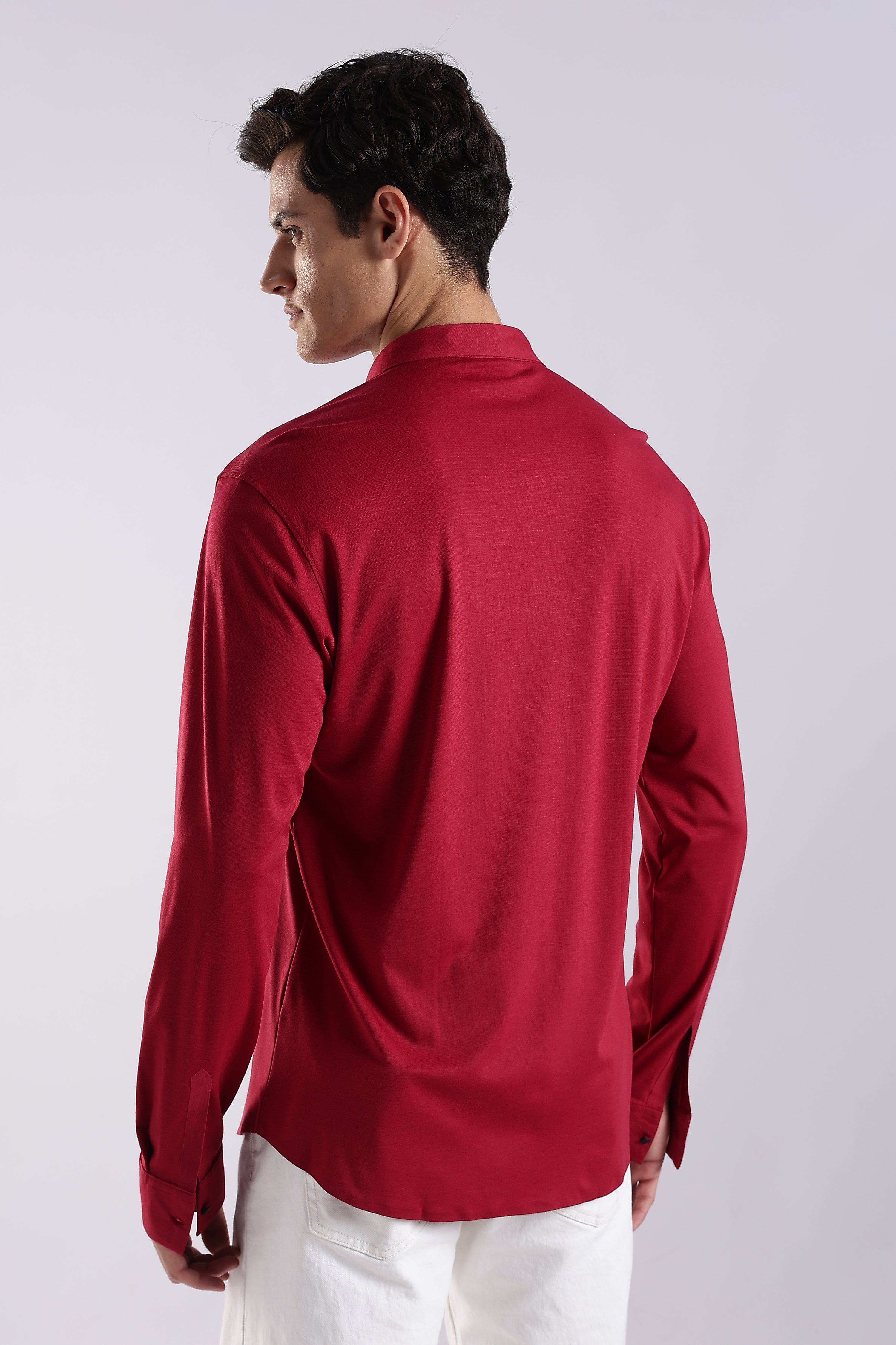 Men Maroon Knitted Slim Fit Shirt
