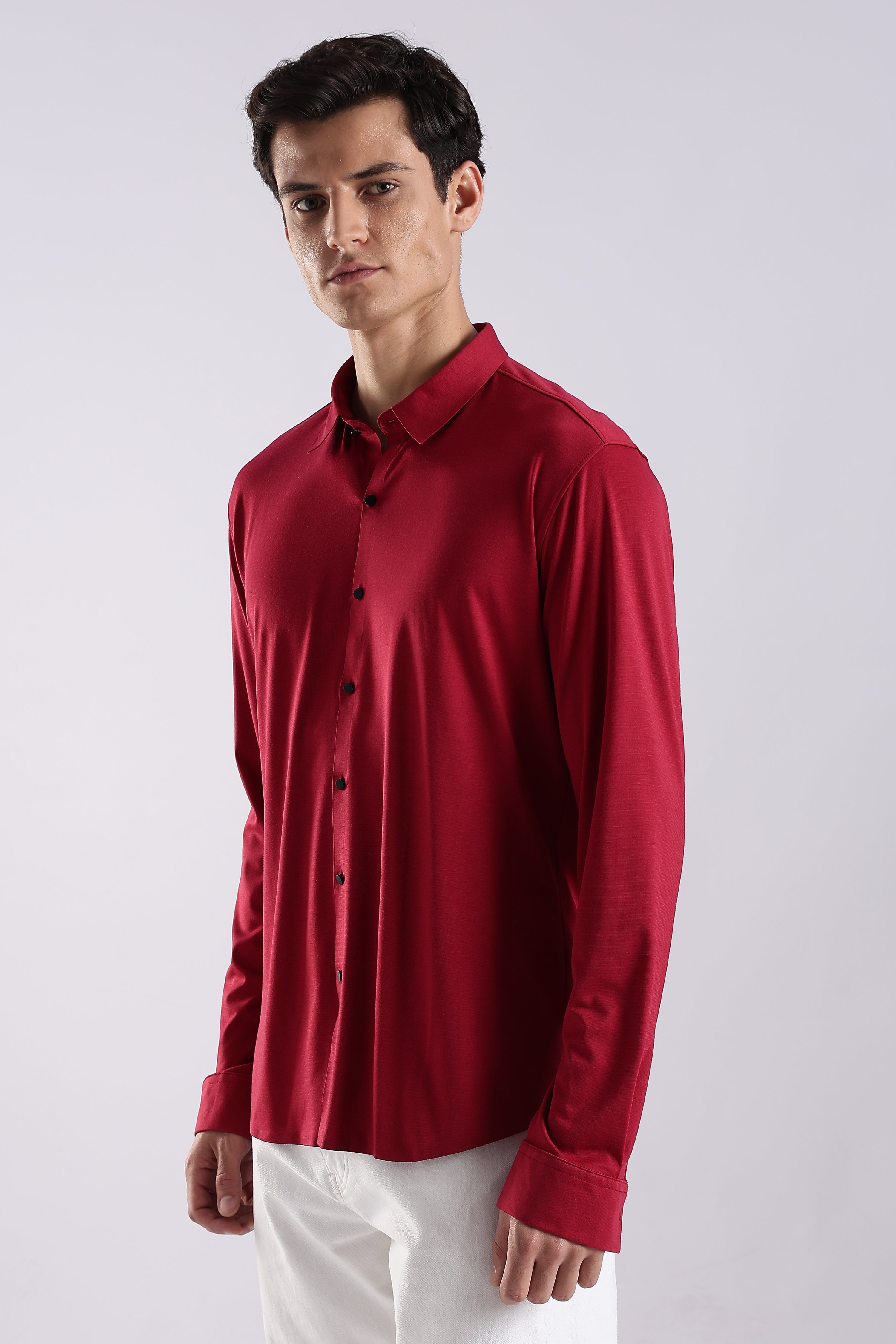 Men Maroon Knitted Slim Fit Shirt