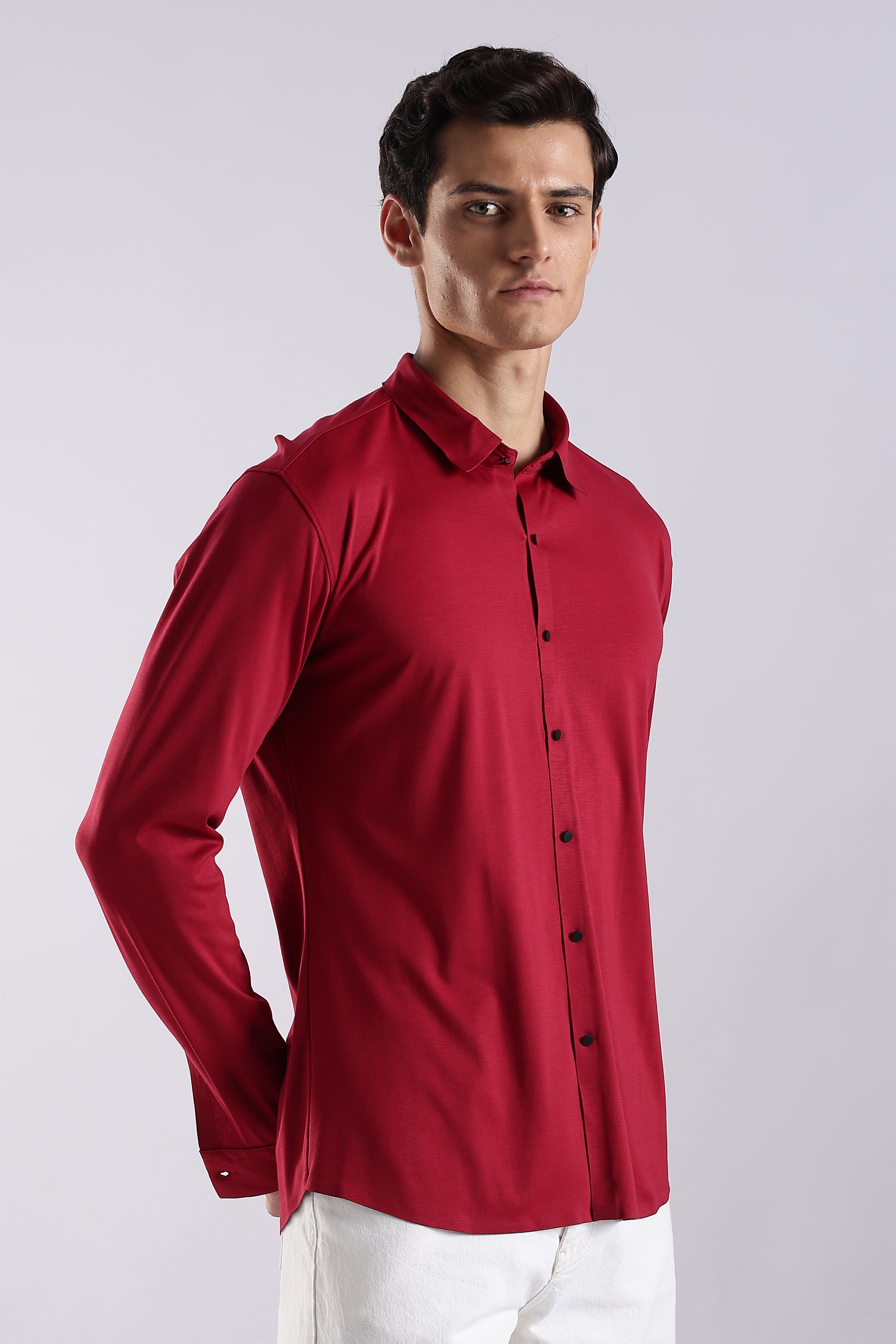 Men Maroon Knitted Slim Fit Shirt